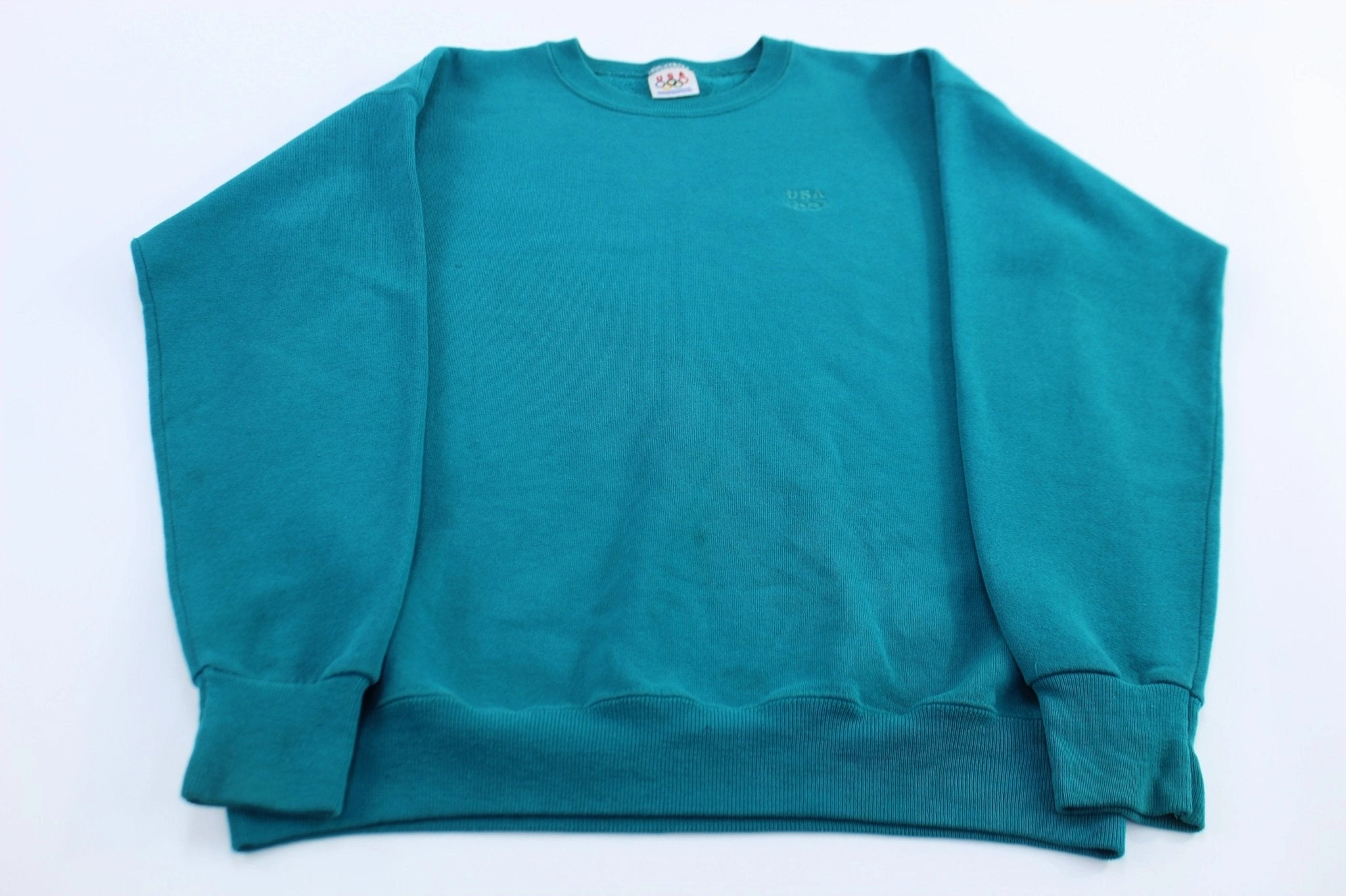 product terry cloth absorbency 90's USA Olympics Embroidered Logo Aqua Blue Sweatshirt
