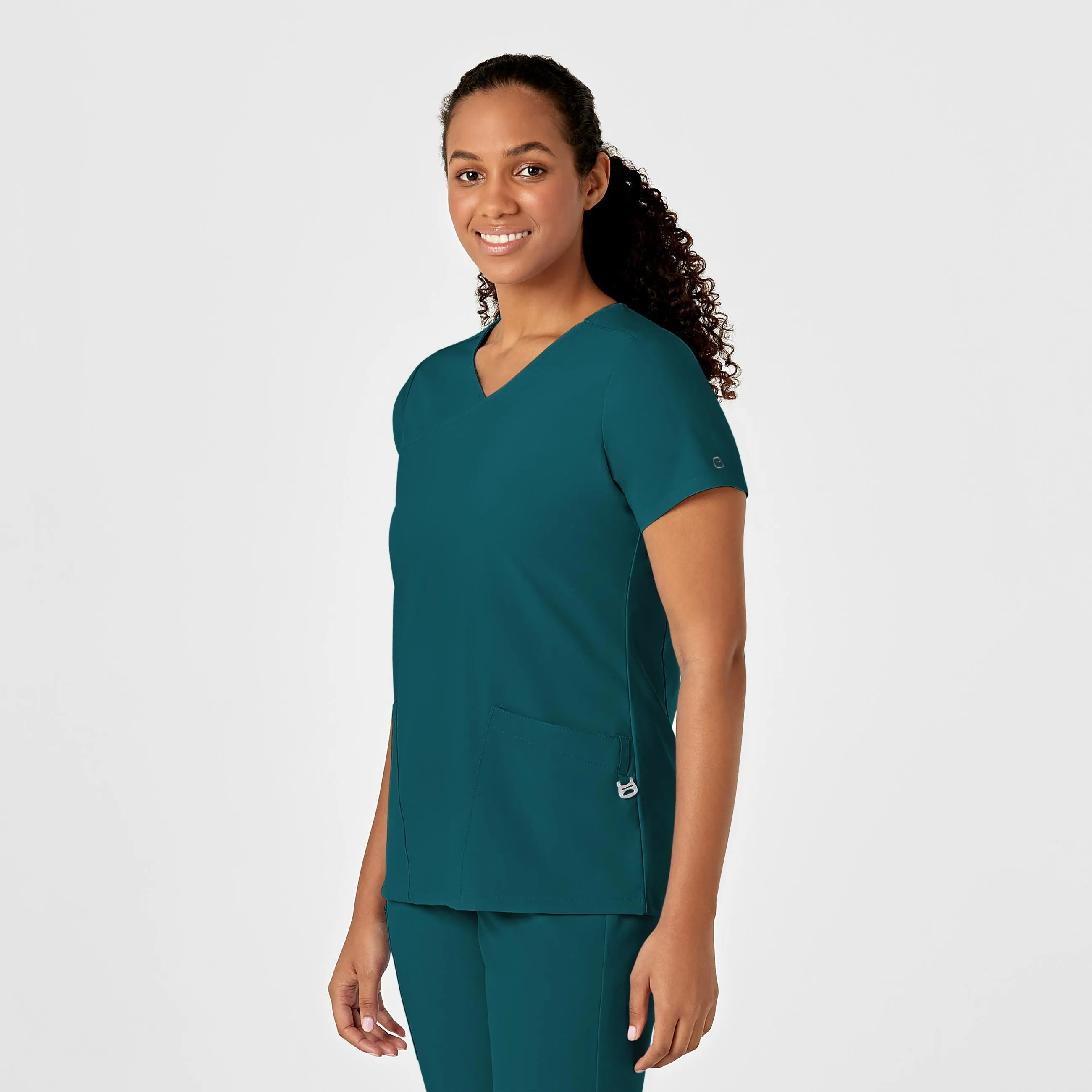 Stretch Fit W123 Women's Y-Neck Wrap Scrub Top - Caribbean