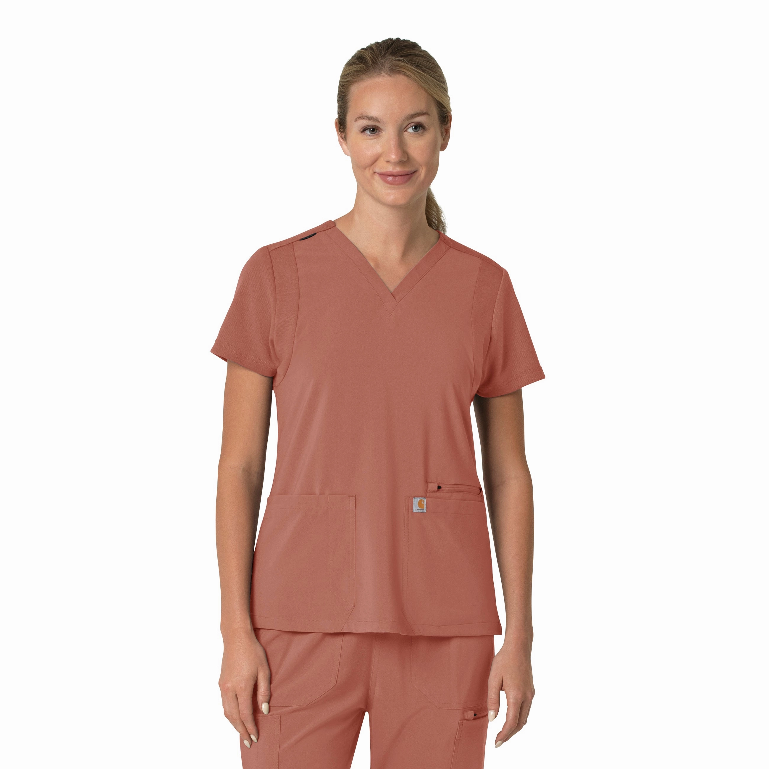 Carhartt Force Cross-Flex Women's Flex Panel V-Neck Scrub Top - Wildrose Printed top QuickRelease