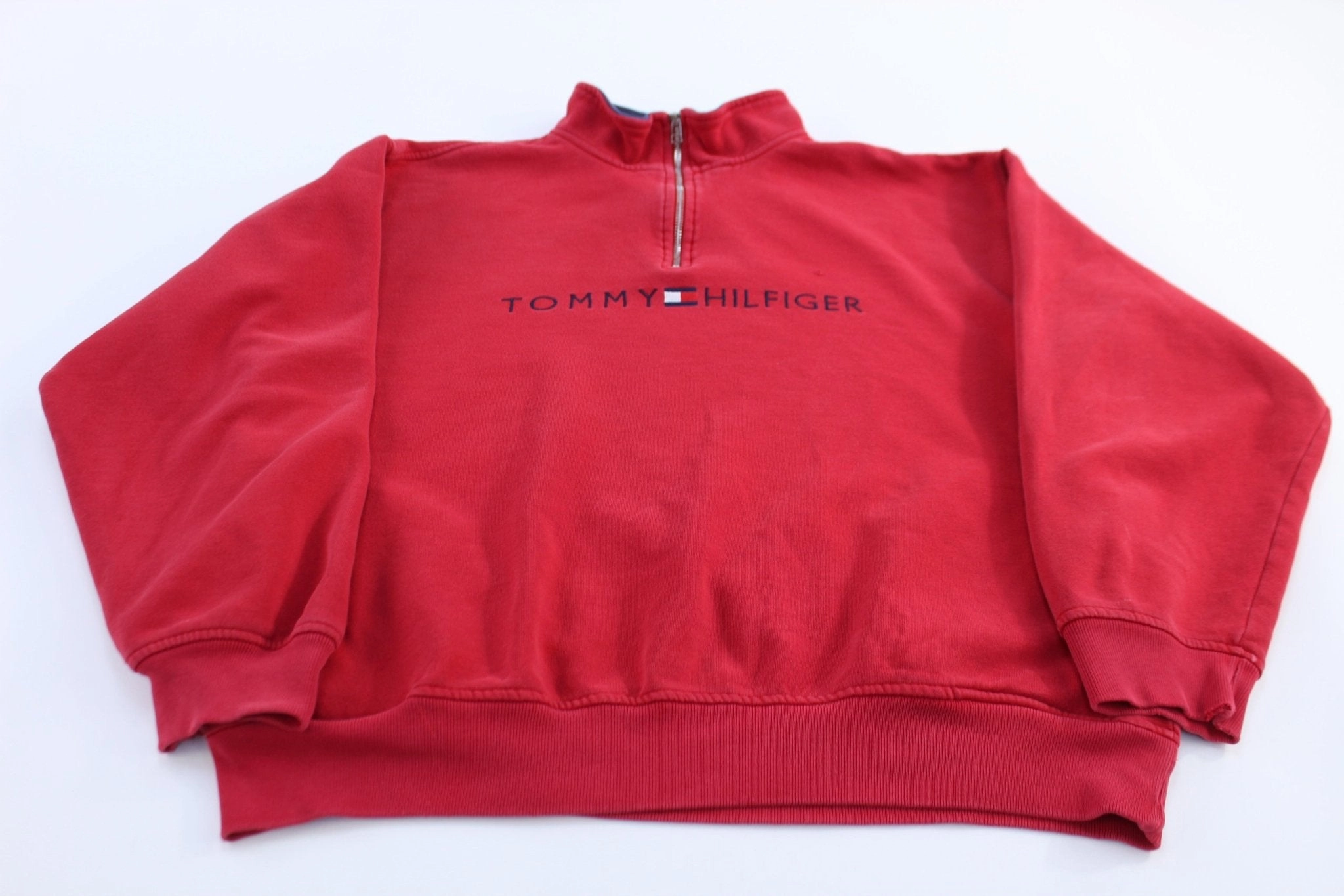 Matte Finish Tommy Hilfiger Embroidered Logo Red Quarter Zip Sweater