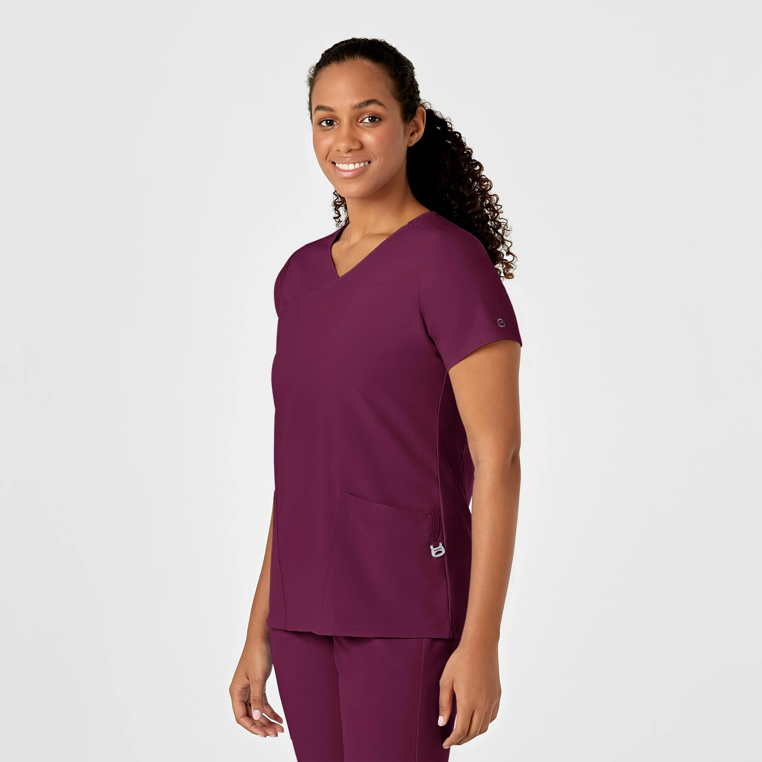 Adjustable Hem Cuff LayeredStyling W123 Women's Y-Neck Wrap Scrub Top - Wine