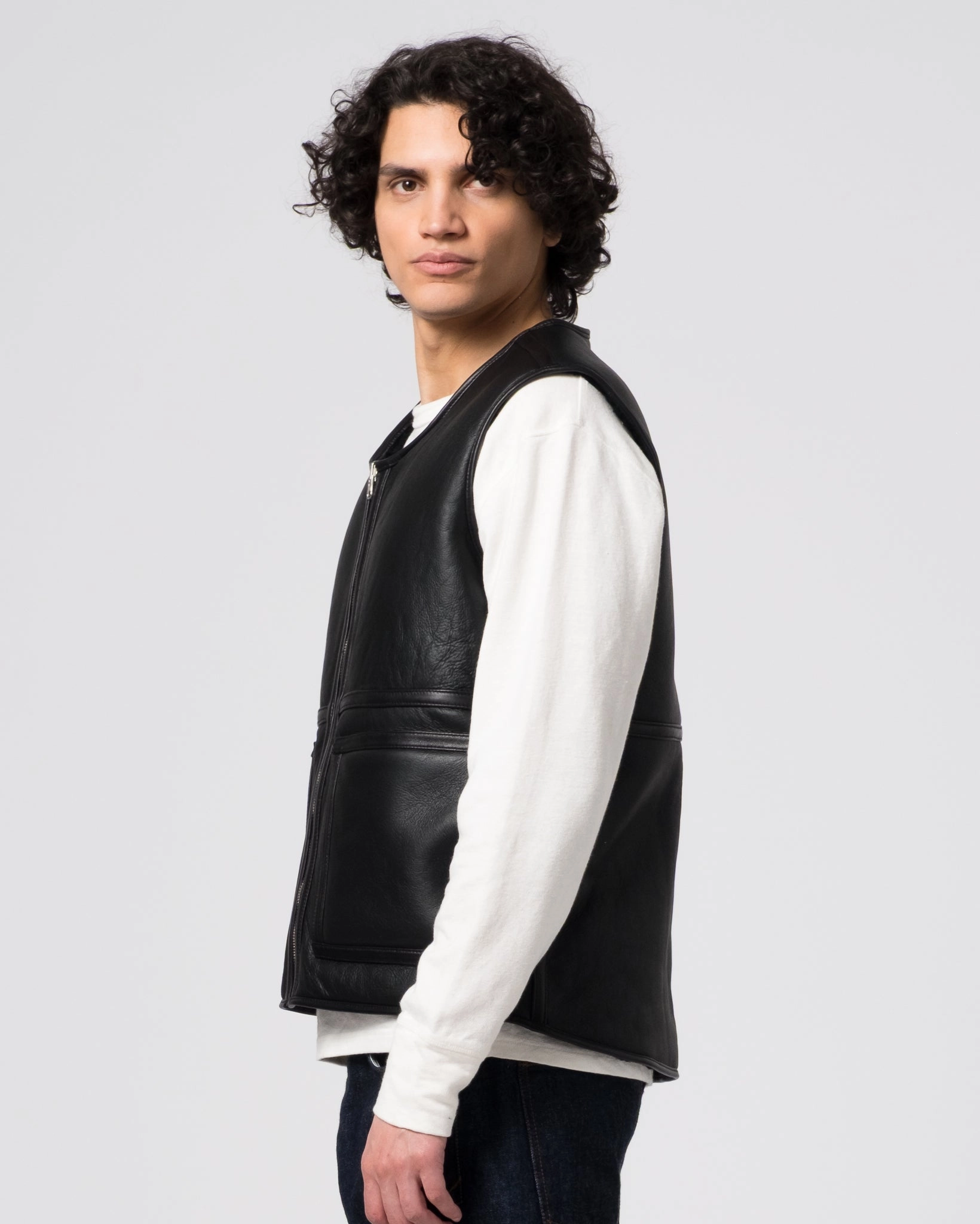 Aviator Vest Shearling Black ElasticWaistband Taped Edges