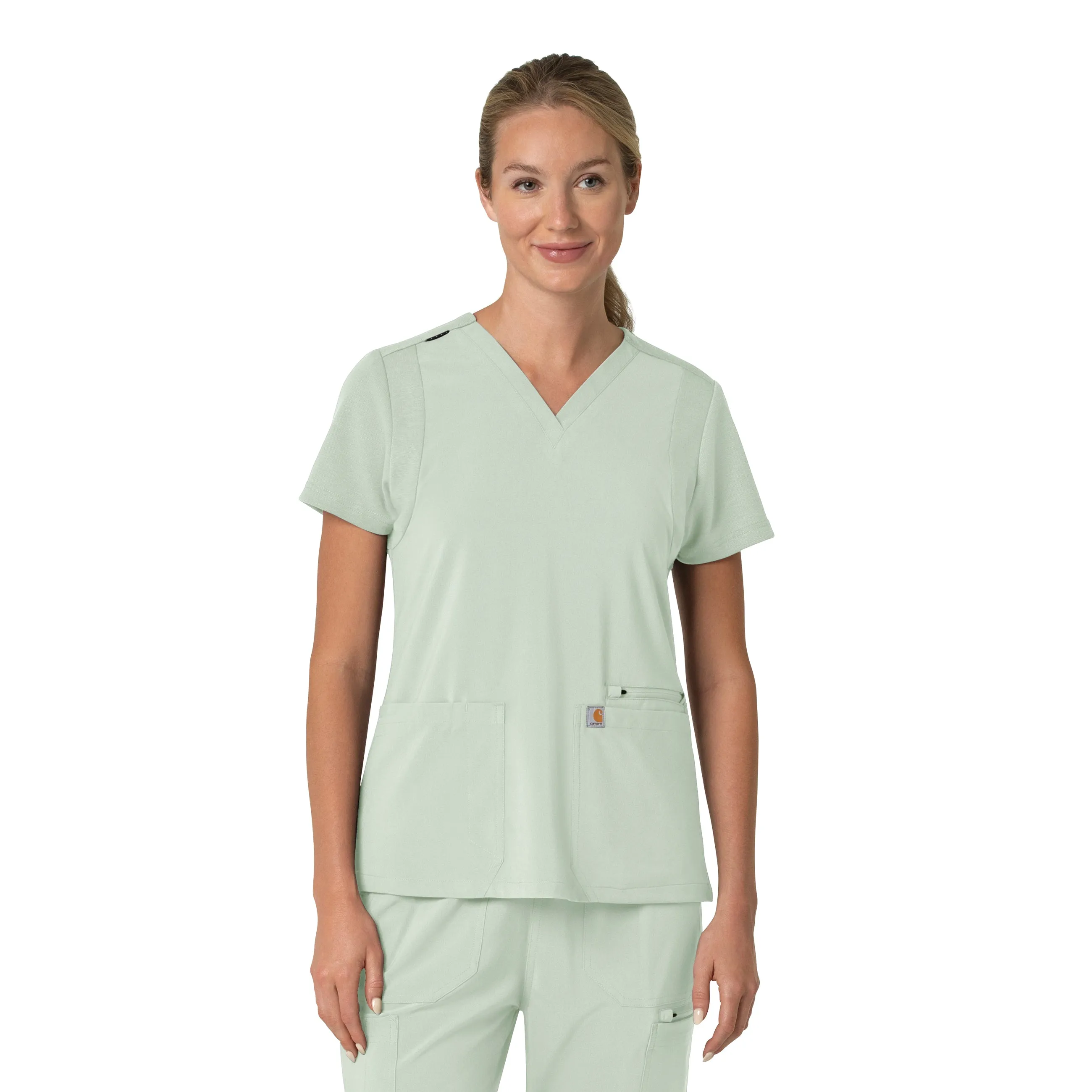 Self Fabric Tie Raw Edge Finish Carhartt Force Cross-Flex Women's Flex Panel V-Neck Scrub Top - Big Sky