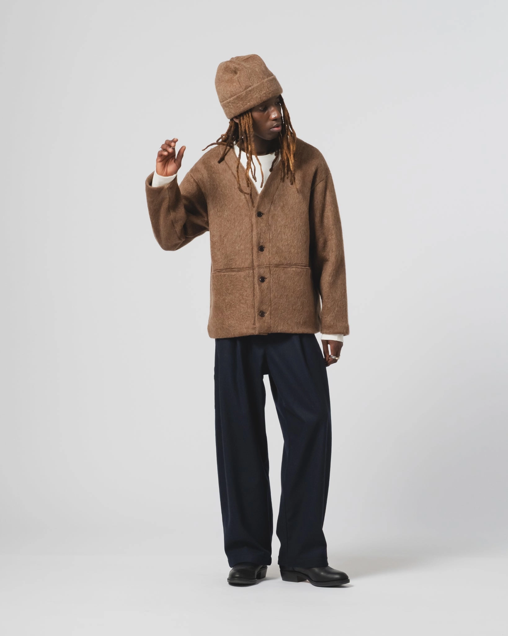 Basic Cardigan Mohair Fleece Java Brown Chilly Shield Essential Warmth