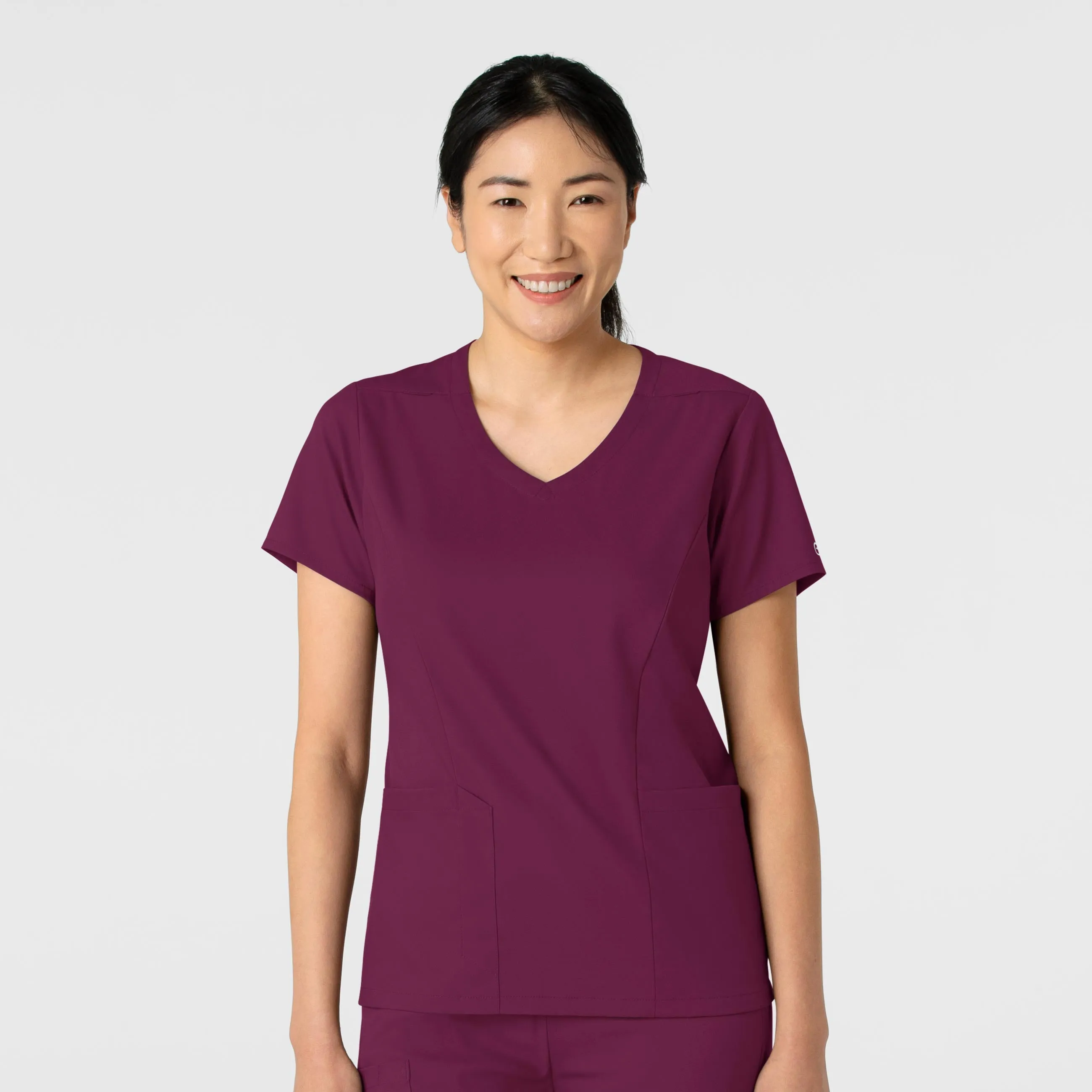 Stylish T-shirt Double Stitched Hems Boundless Women's 2-Pocket V-Neck Scrub Top - Wine