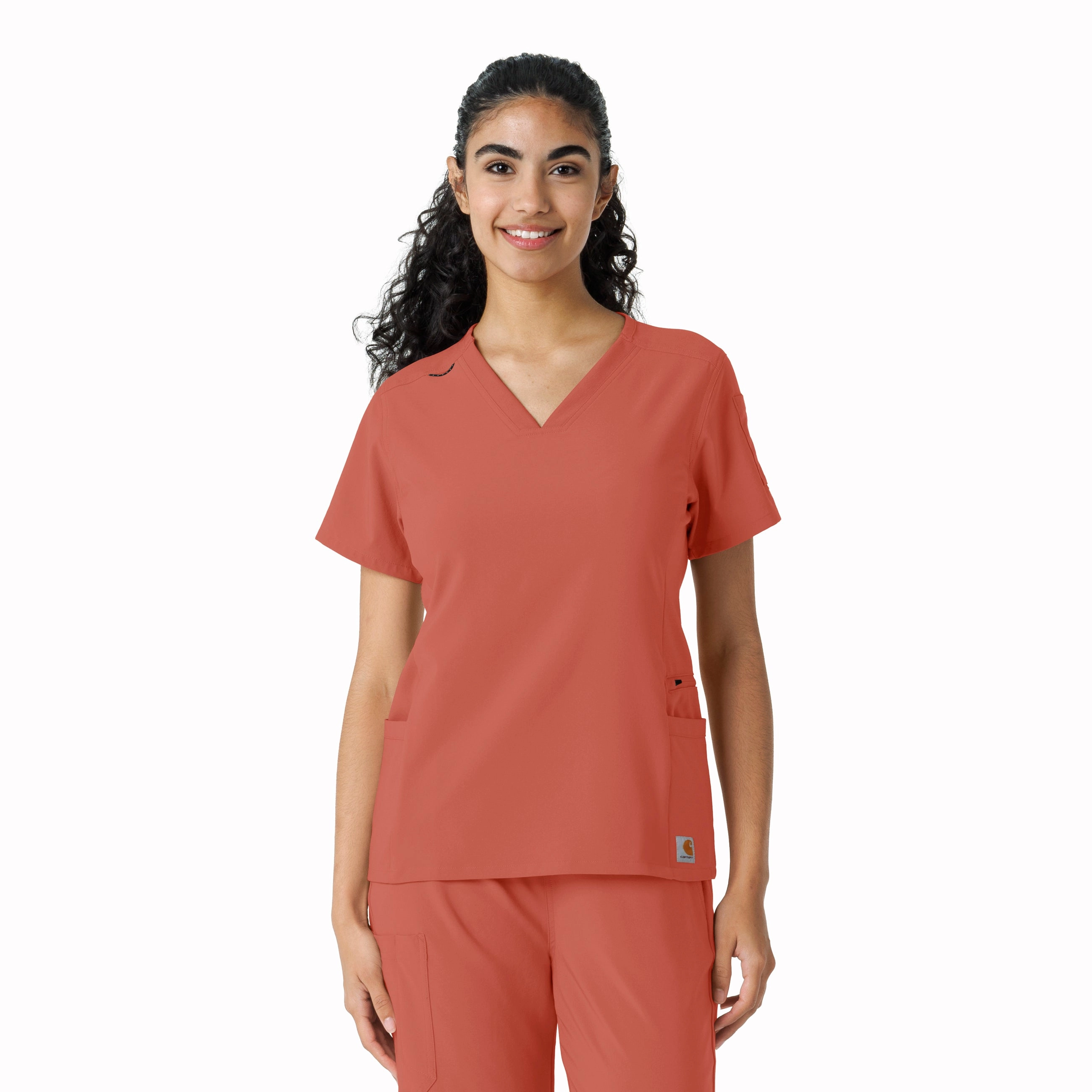 Odor Resistant Fabric Carhartt Force Cross-Flex Women's Knit Panel Scrub Top - Dusty Cedar