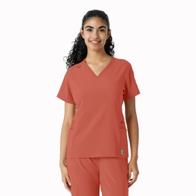 Carhartt Force Cross-Flex Women's Knit Panel Scrub Top - Dusty Cedar QuickRelease Fastener