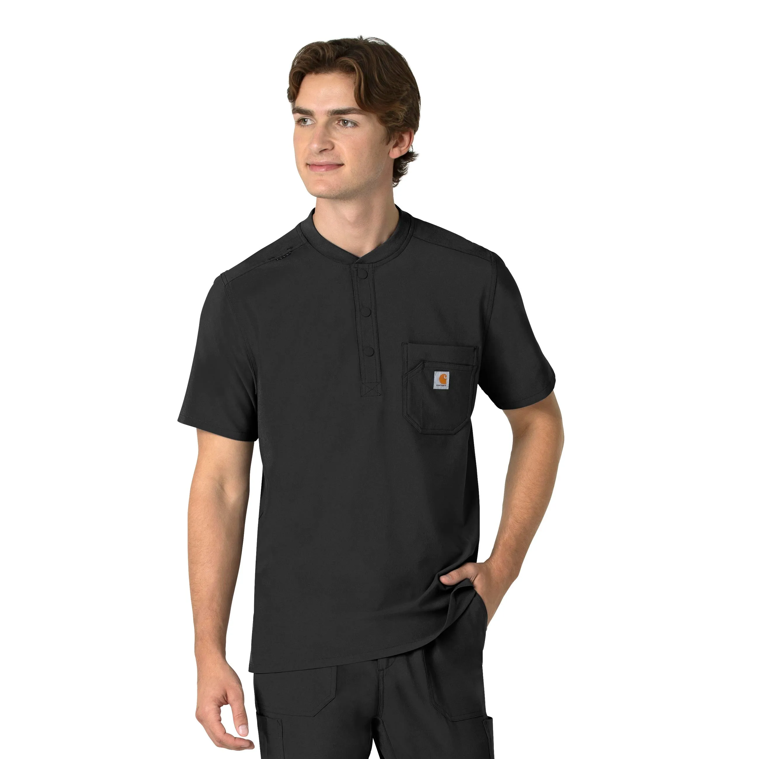 Carhartt Force Cross-Flex Men's Henley Scrub Top - Black Double Stitched Hem Bluesign Approved Material