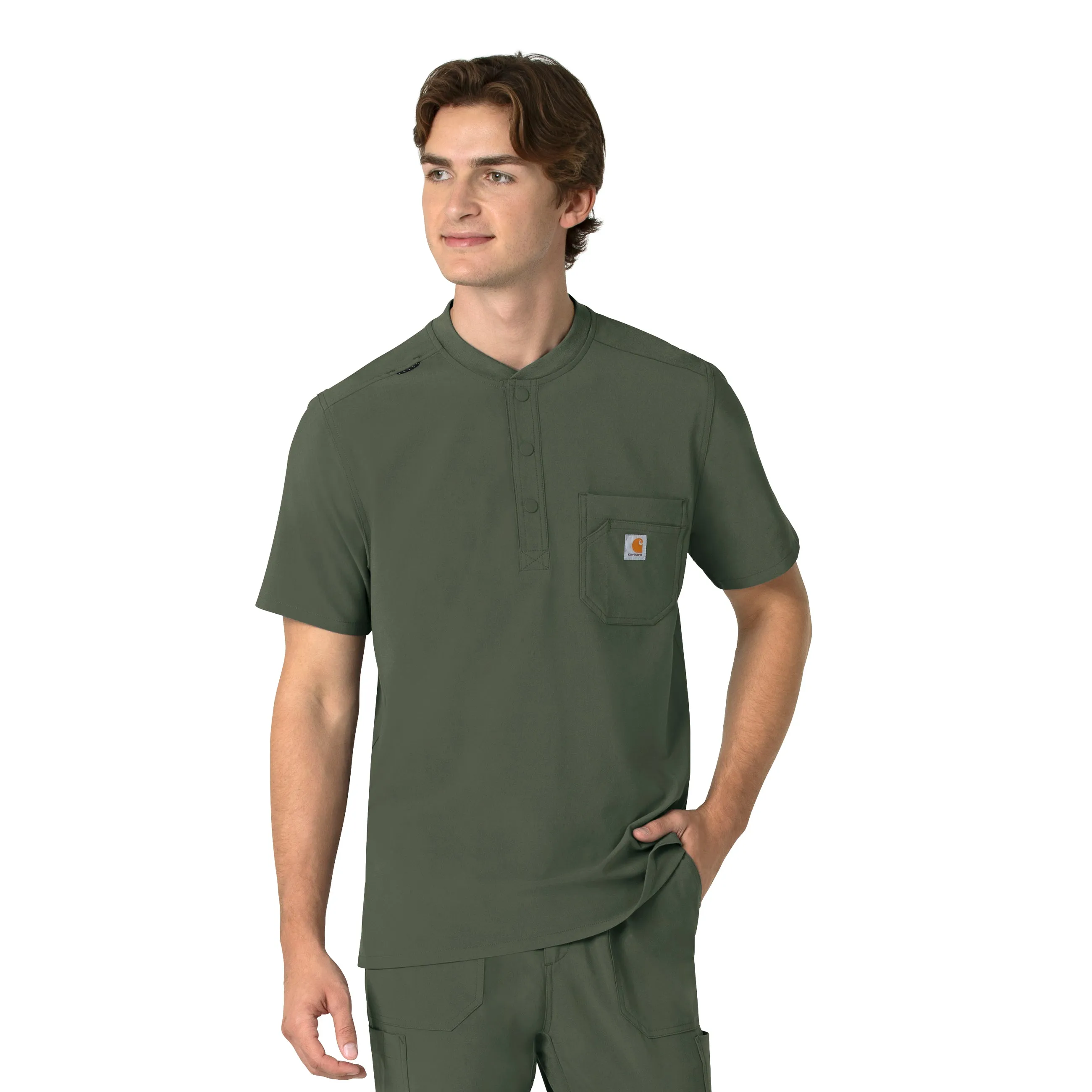 Carhartt Force Cross-Flex Men's Henley Scrub Top - Olive LightweightConstruction FourWayStretchFabric