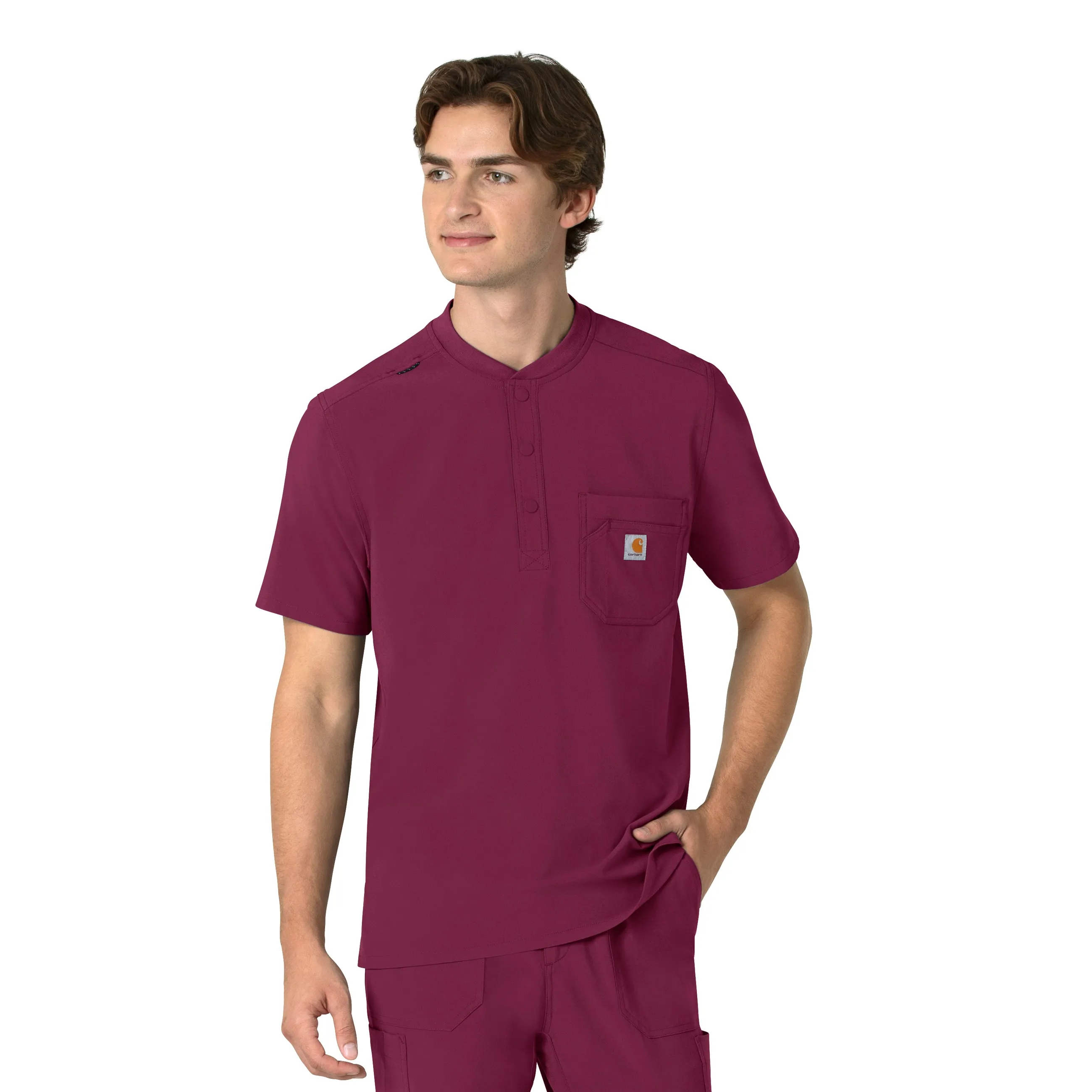 Carhartt Force Cross-Flex Men's Henley Scrub Top - Wine Weighted Hem Design ElasticEdgeBinding