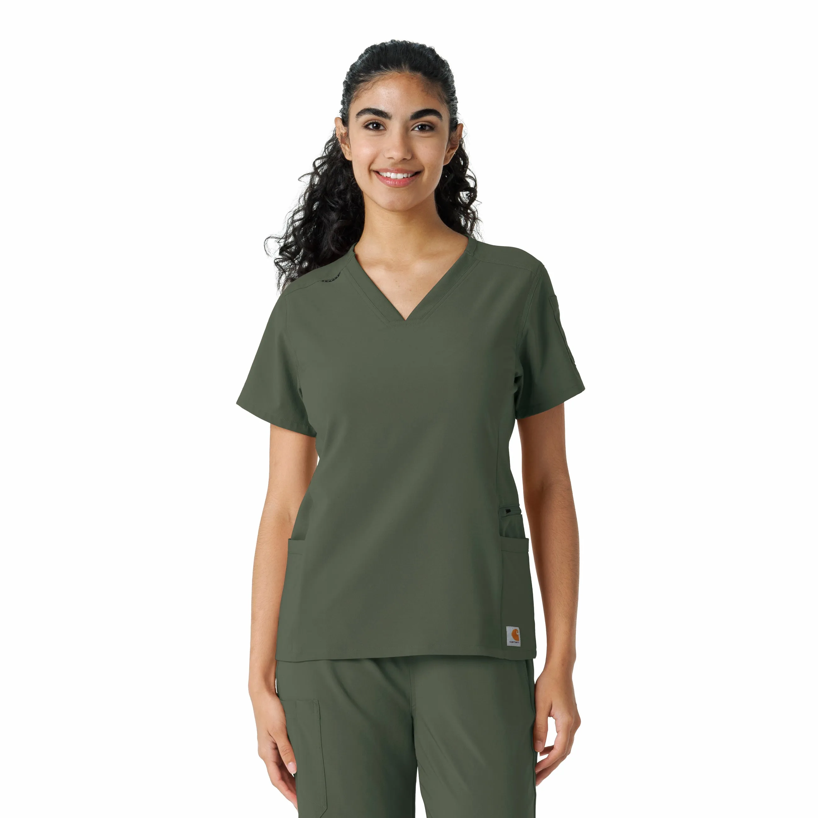 ChafeFreeEdging Wind Resistant Fabric Carhartt Force Cross-Flex Women's Knit Panel Scrub Top - Olive