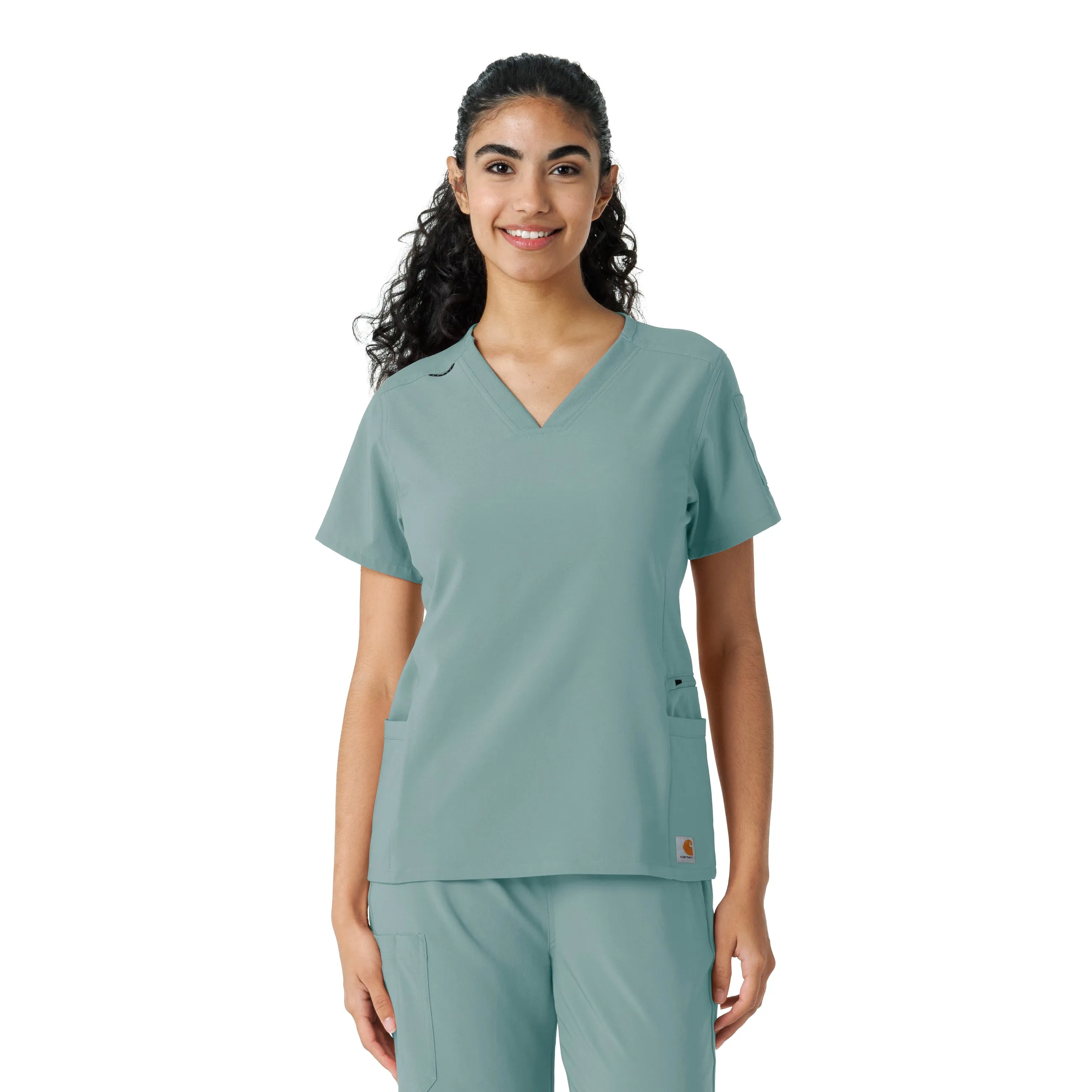 Carhartt Force Cross-Flex Women's Knit Panel Scrub Top - Summer Blue QuickDry Performance Two Tone Texture Effect