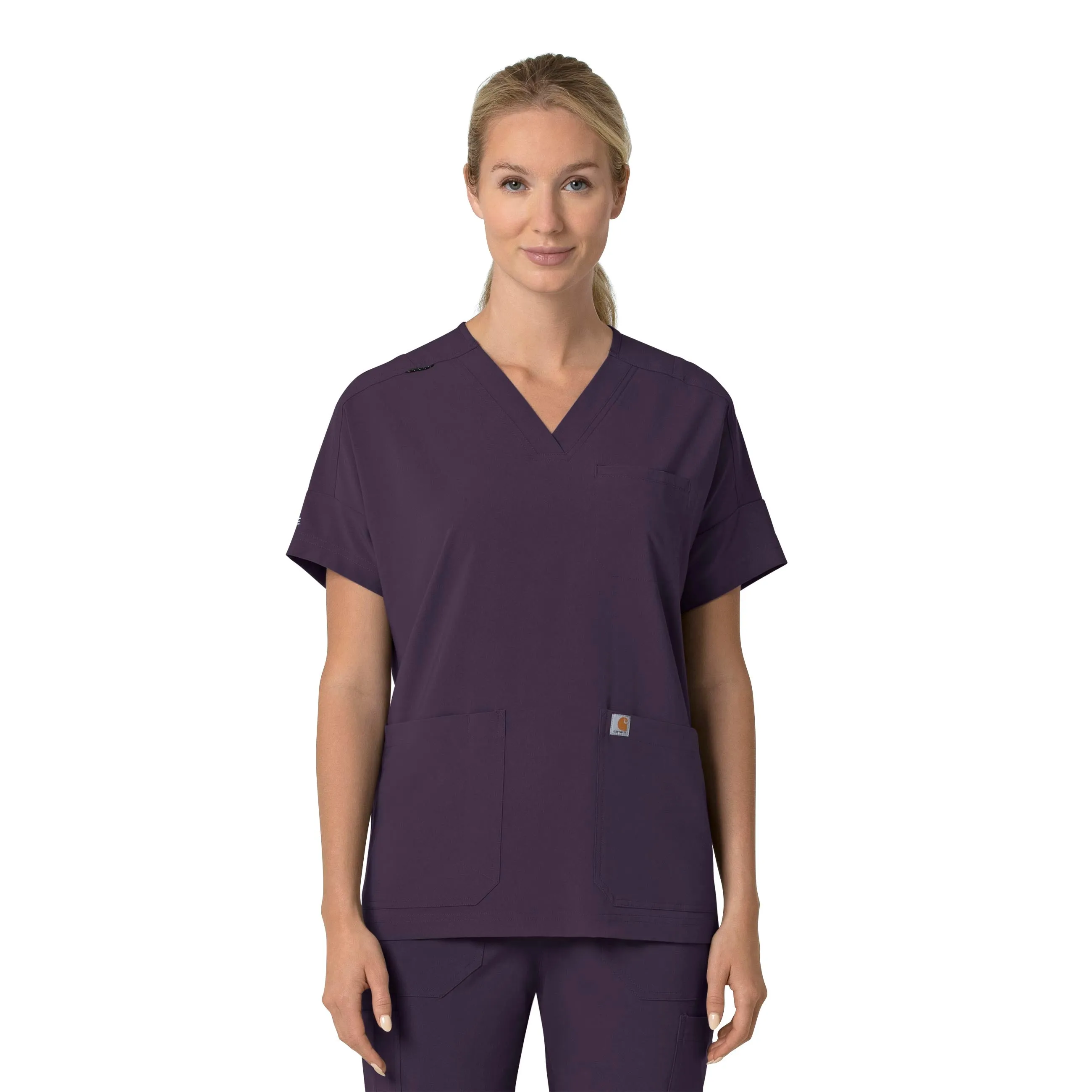 Carhartt Force Cross-Flex Women's Oversized V-Neck Scrub Top - Black Plum Compact Thermal Insulation MoistureWickingMaterial