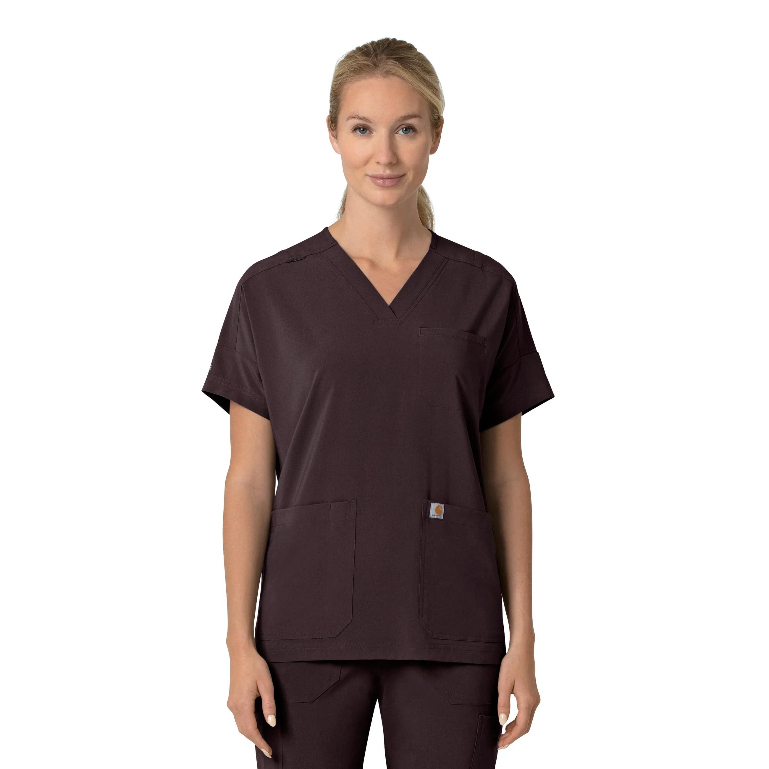 Carhartt Force Cross-Flex Women's Oversized V-Neck Scrub Top - Dark Sepia Elasticated Trim