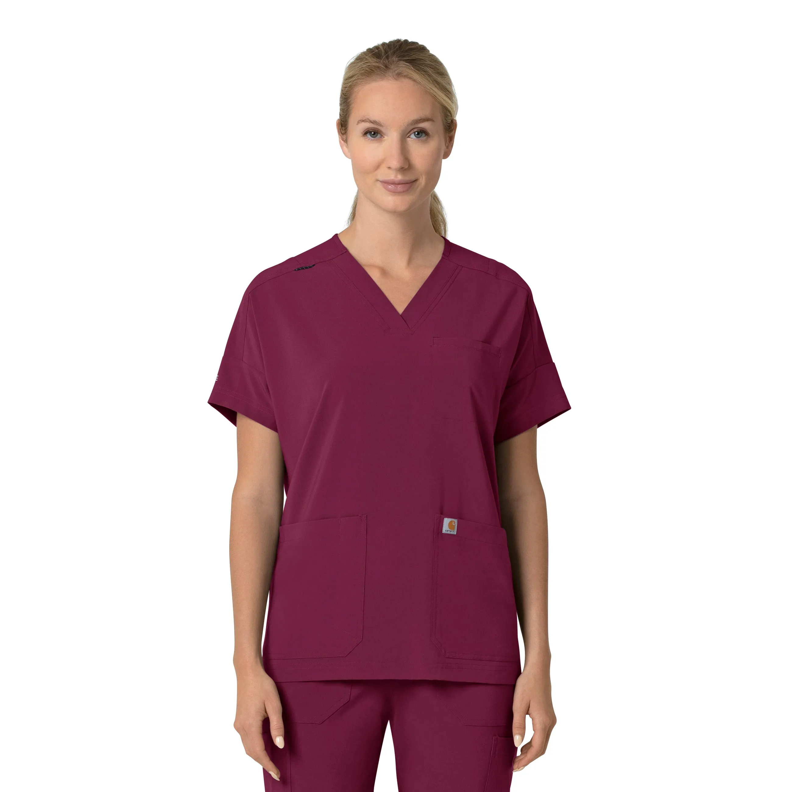 Carhartt Force Cross-Flex Women's Oversized V-Neck Scrub Top - Wine Foldable Cuff Design Breathable Lining