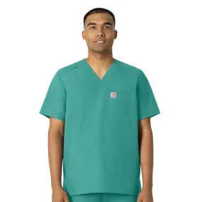 Contoured Side Panels RibbedCollar Carhartt Force Essentials Men's V-Neck Shirttail Scrub Top - Teal Blue