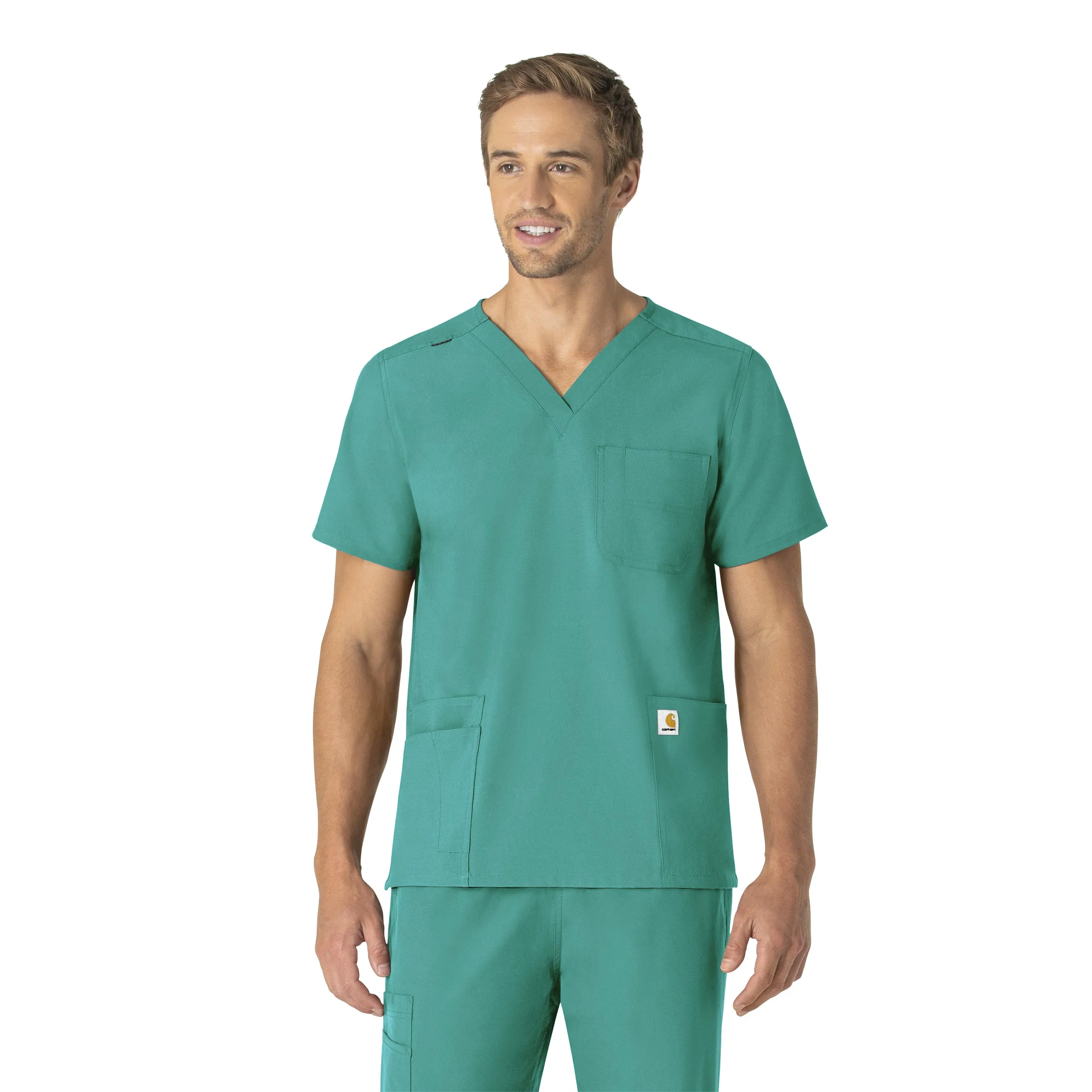 EthicallySourced Trendy Cardigan Carhartt Force Essentials Unisex V-Neck 6-Pocket Scrub Top - Teal Blue