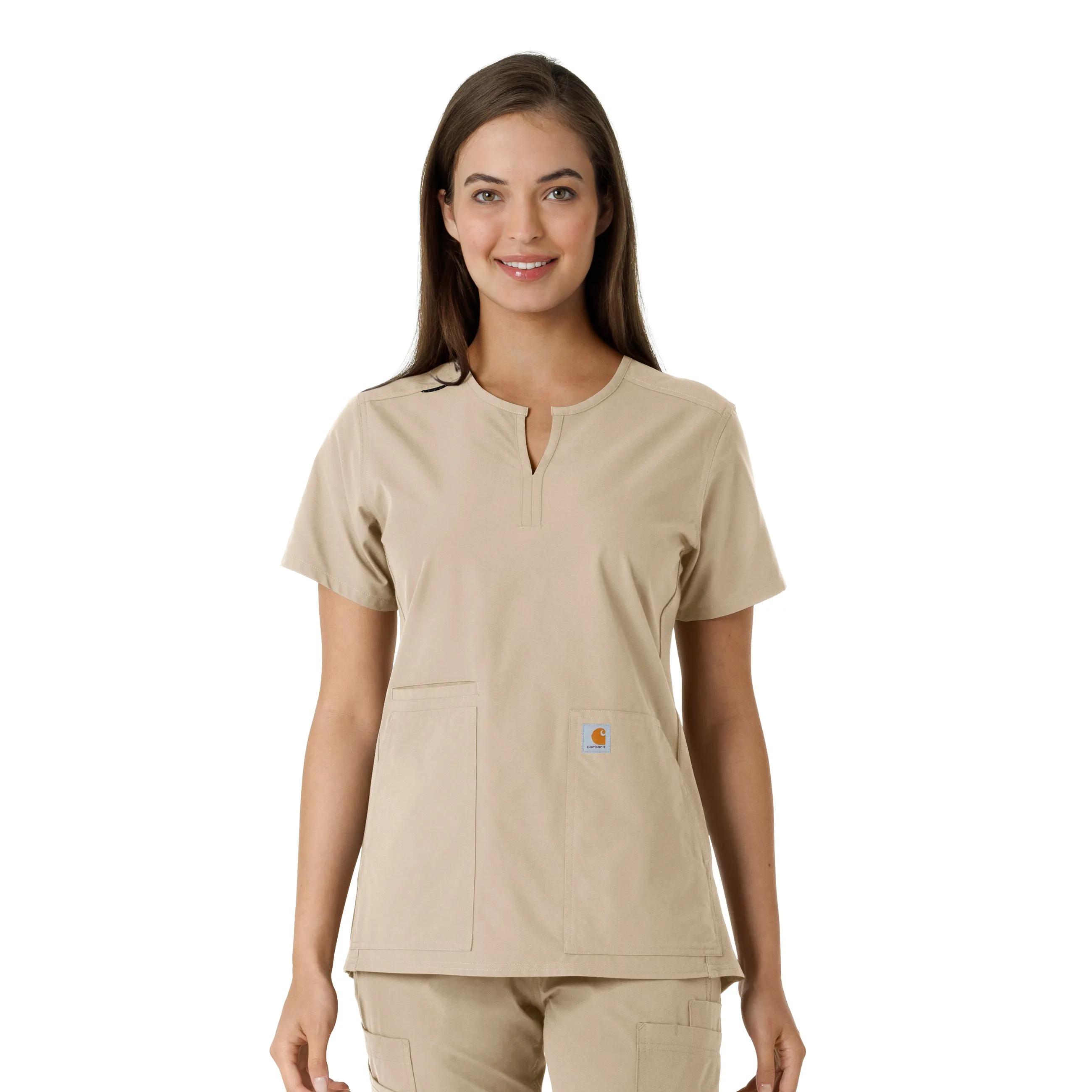 Carhartt Force Essentials Women's Notch Neck Tunic Knit Panel Scrub Top - Khaki Flexible Knit Fabric