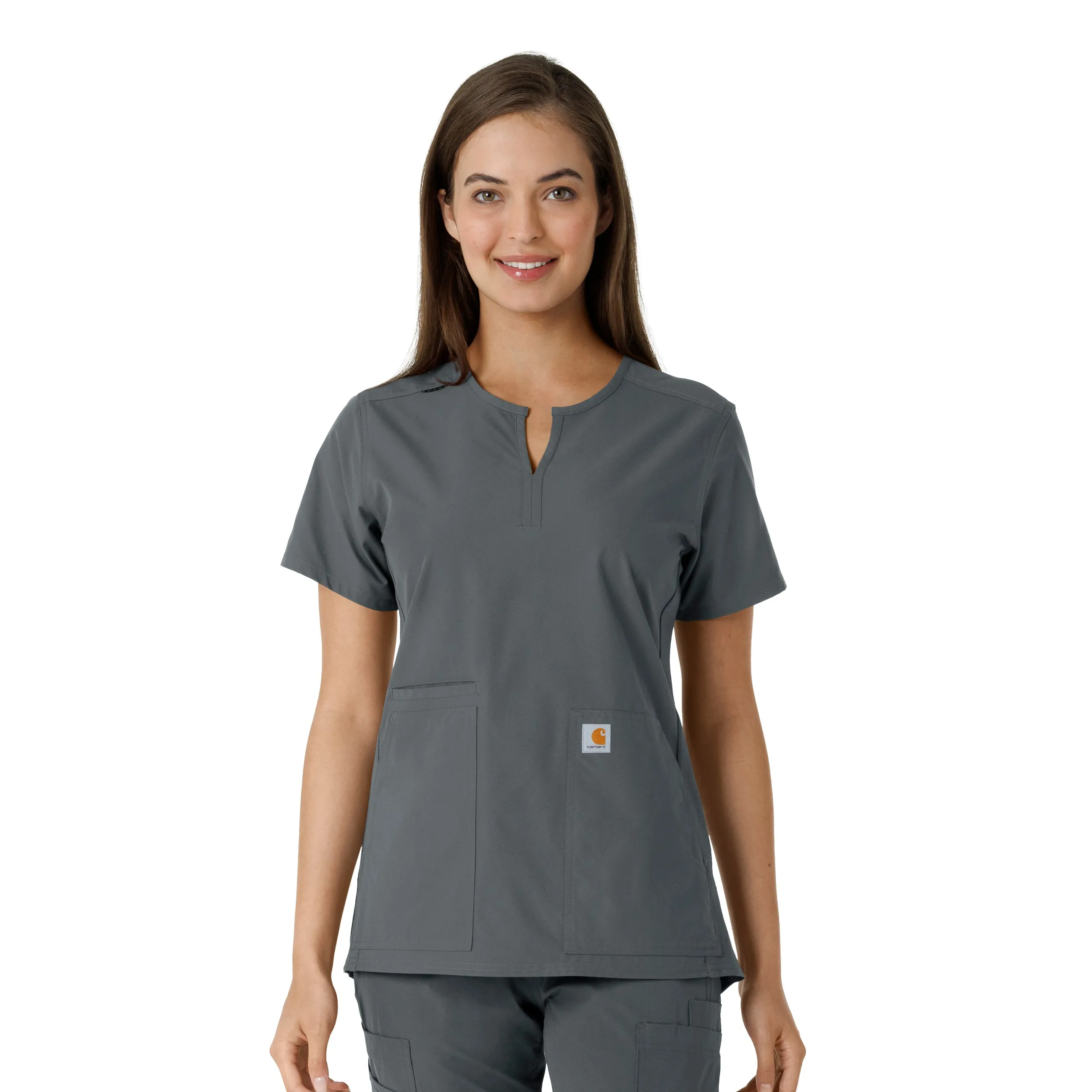 Carhartt Force Essentials Women's Notch Neck Tunic Knit Panel Scrub Top - Pewter StretchKnit Quick Dry Feature