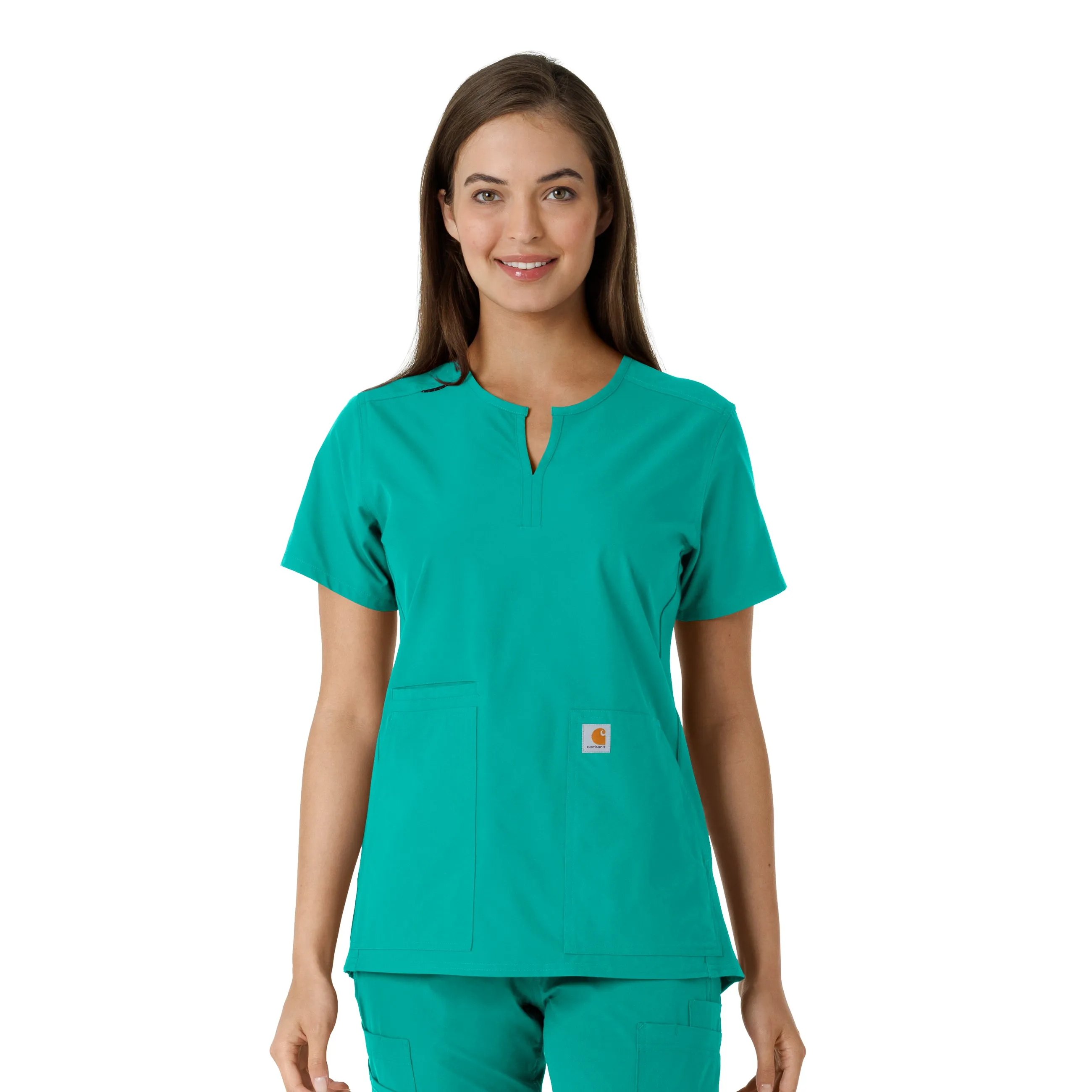 Carhartt Force Essentials Women's Notch Neck Tunic Knit Panel Scrub Top - Teal Fashionable Shirt Soft Inner Lining