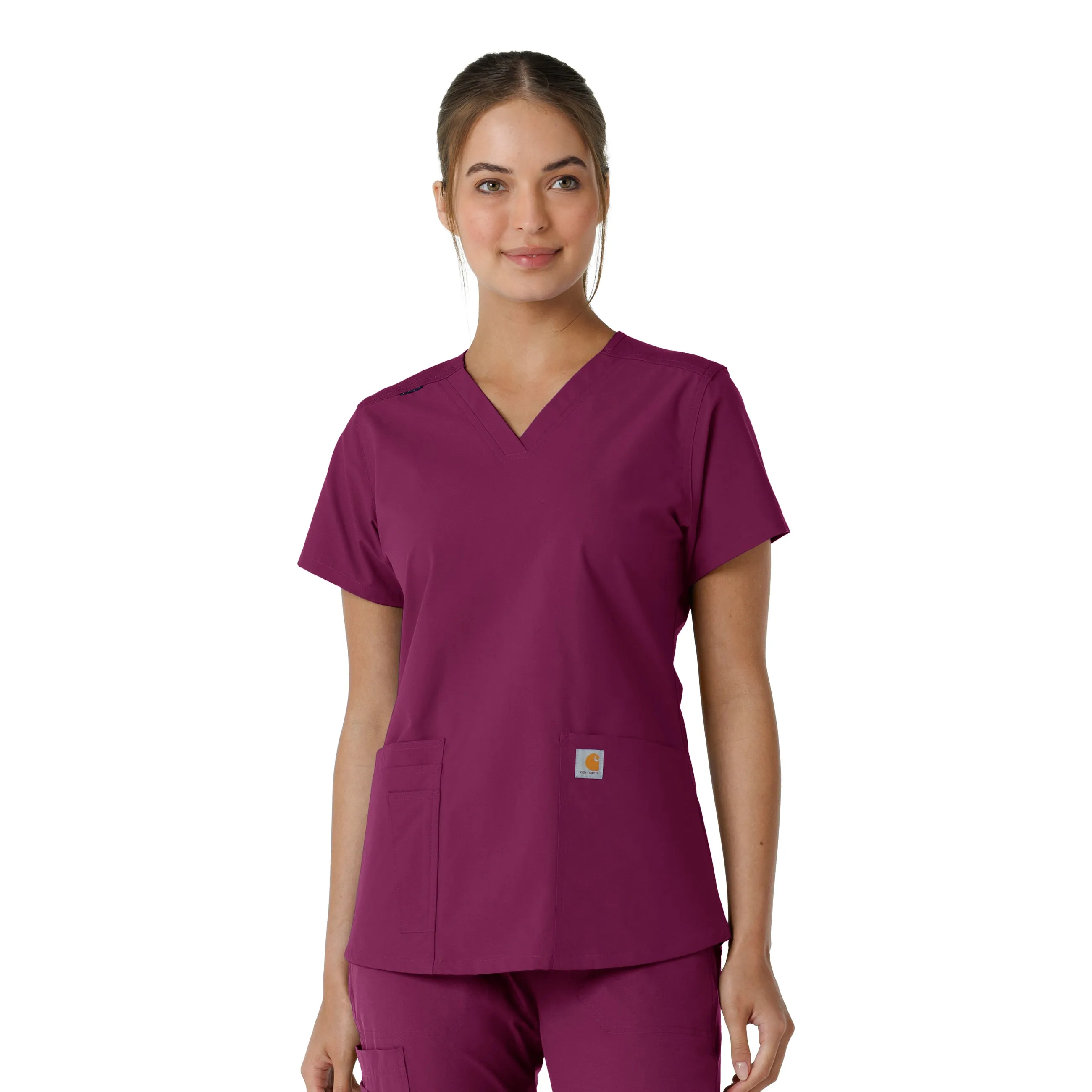 Carhartt Force Essentials Women's V-Neck Knit Panel Scrub Top - Wine Contrast Stitch Detailing Multipurpose Design
