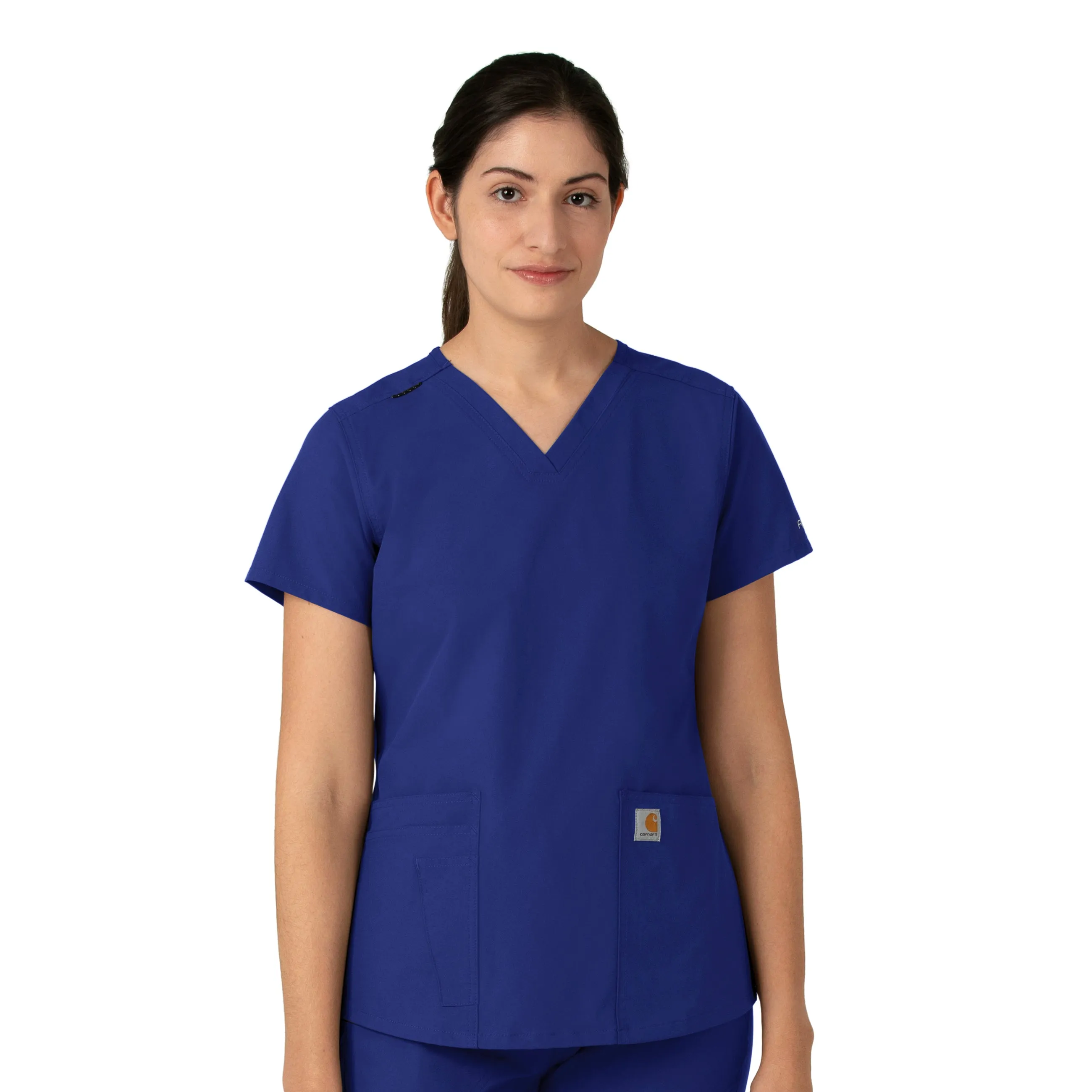 Carhartt Force Essentials Women's V-Neck Scrub Top - Galaxy Blue Reflective Accent Stripes Overlock Edging