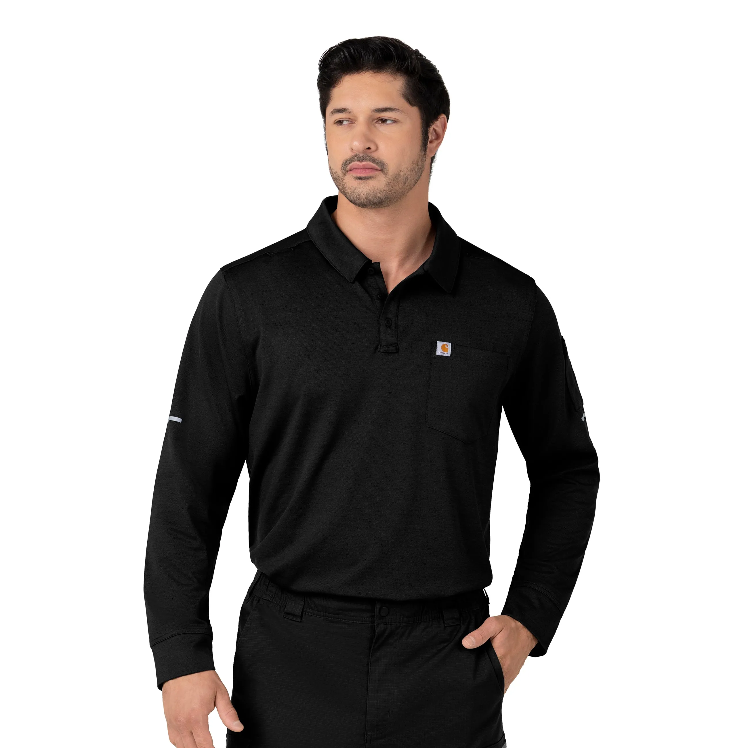 Carhartt Rugged Flex RSCU Men's Heavyweight Long Sleeve Polo Scrub Top - Black Antibacterial Fabric SeamFreeShoulder