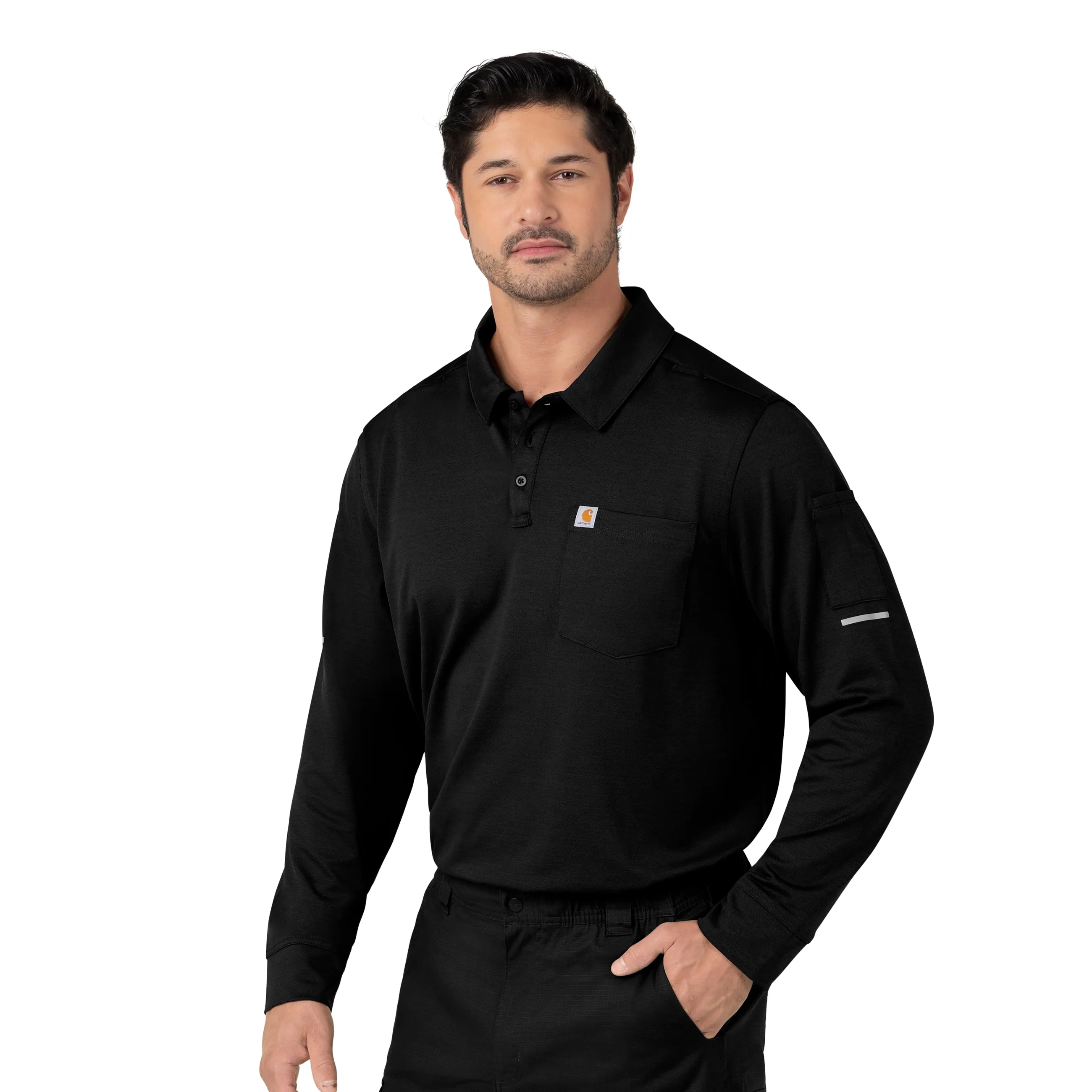 Carhartt Rugged Flex RSCU Men's Heavyweight Long Sleeve Polo Scrub Top - Black MinimalistSilhouette BreathableMeshPanels