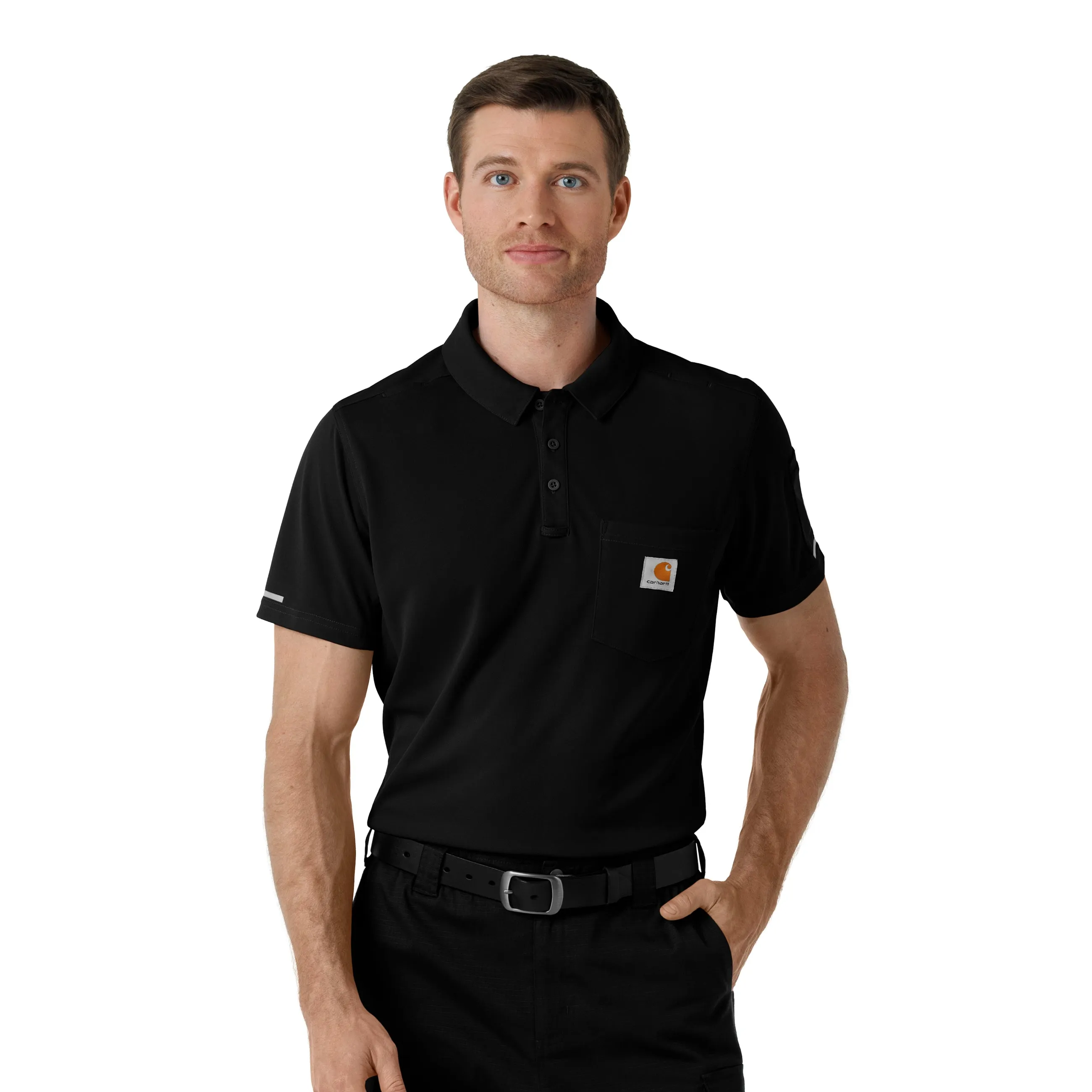Carhartt Rugged Flex RSCU Men's Lightweight Short Sleeve Polo Scrub Top - Black Double Layered Hem Reinforcement
