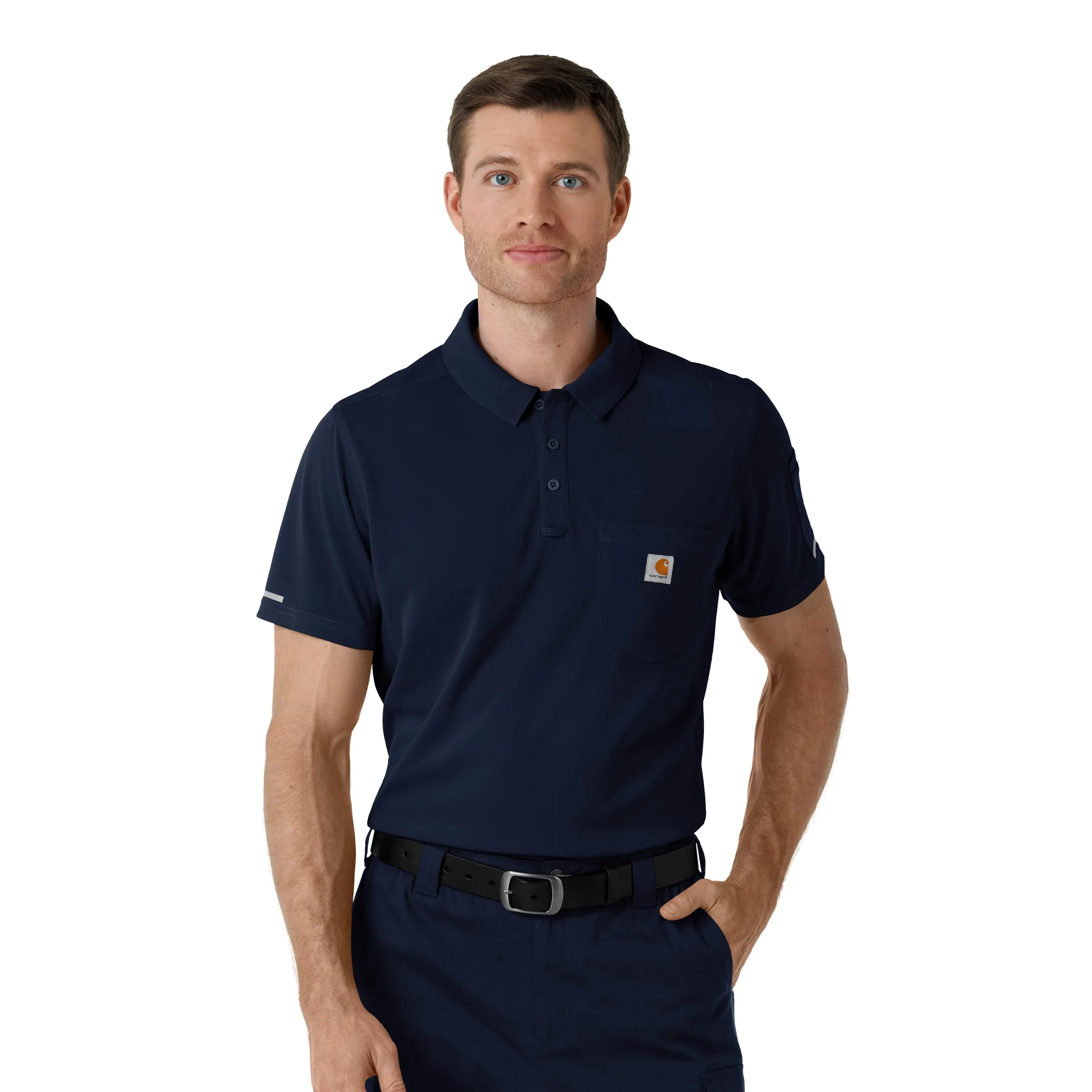 Carhartt Rugged Flex RSCU Men's Lightweight Short Sleeve Polo Scrub Top - Dark Navy AntiPilling Finish Neutral Tone Stitching