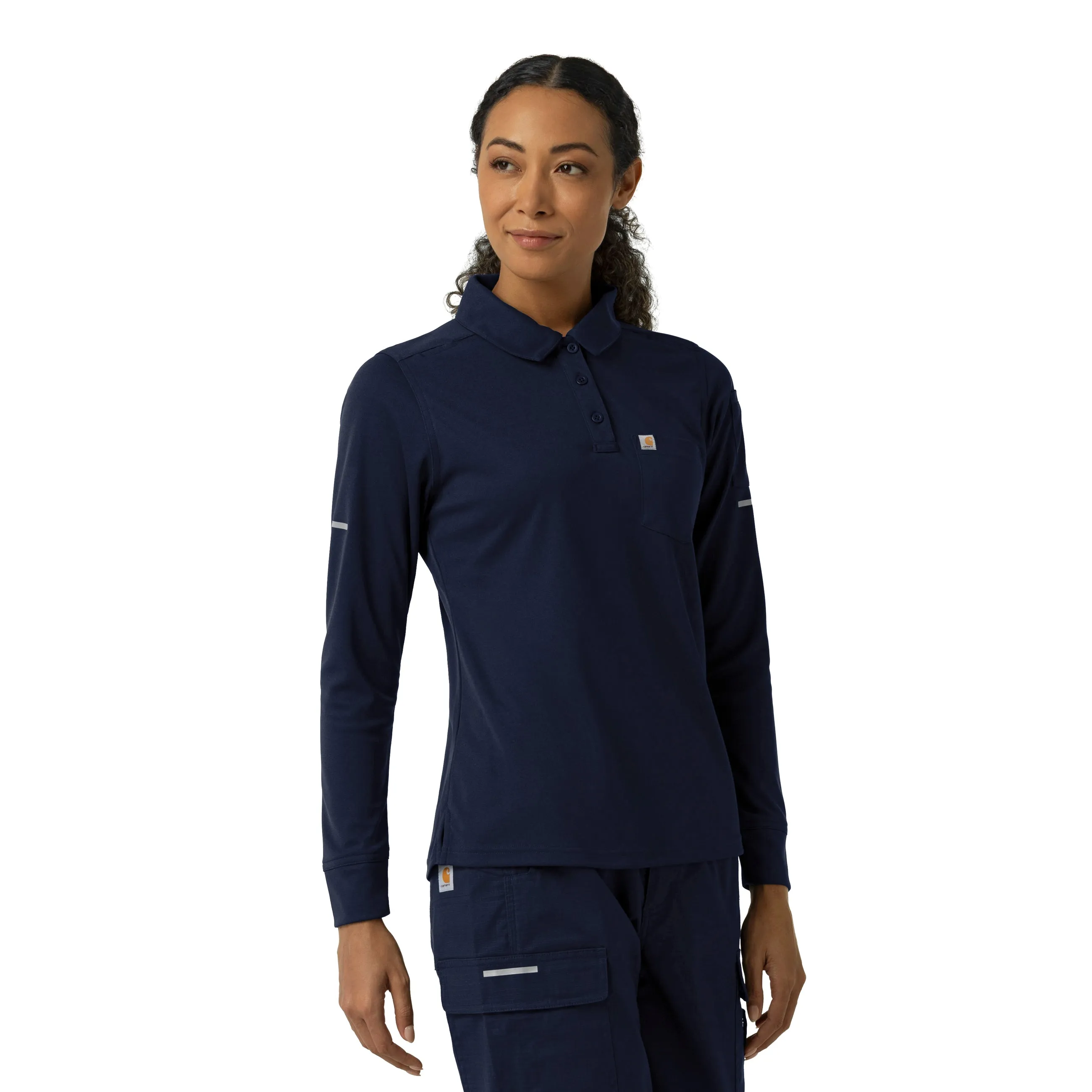 Carhartt Rugged Flex RSCU Women's Heavyweight Long Sleeve Polo Scrub Top - Dark Navy TearResistant