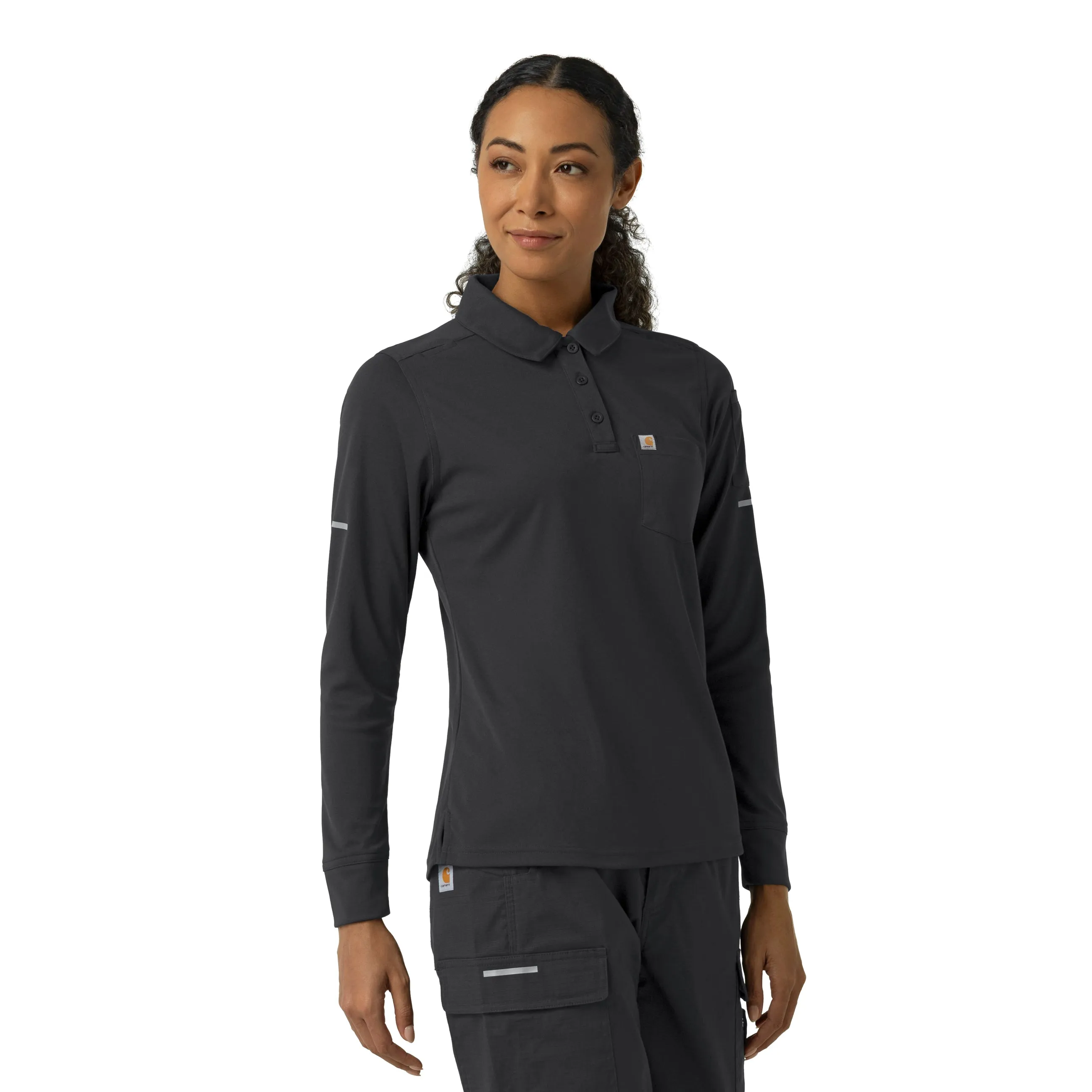 Carhartt Rugged Flex RSCU Women's Heavyweight Long Sleeve Polo Scrub Top - Pewter Elasticated Hem Built In Odor Control