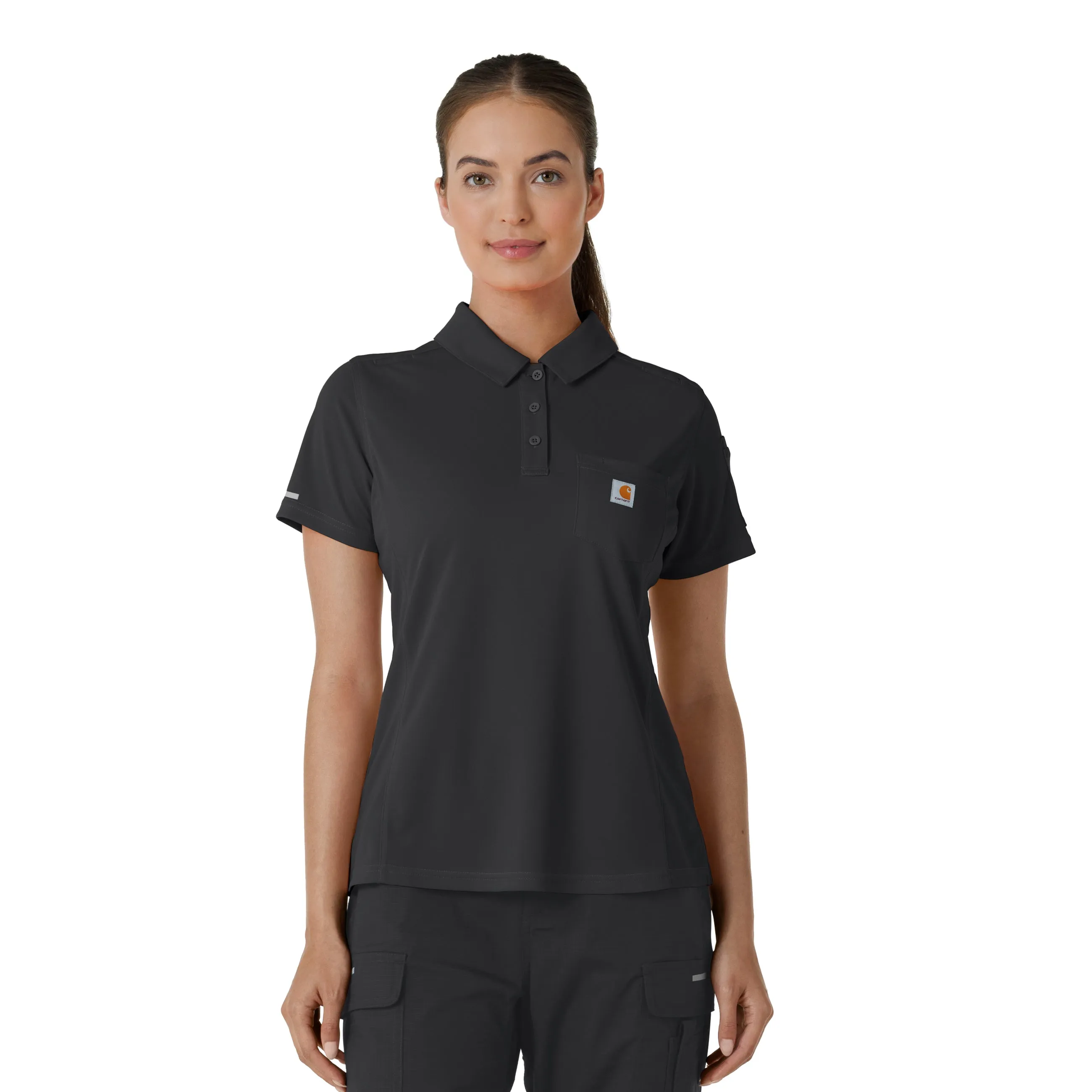 Carhartt Rugged Flex RSCU Women's Lightweight Short Sleeve Polo Scrub Top - Pewter Built In Filter Layer Elasticated Trim