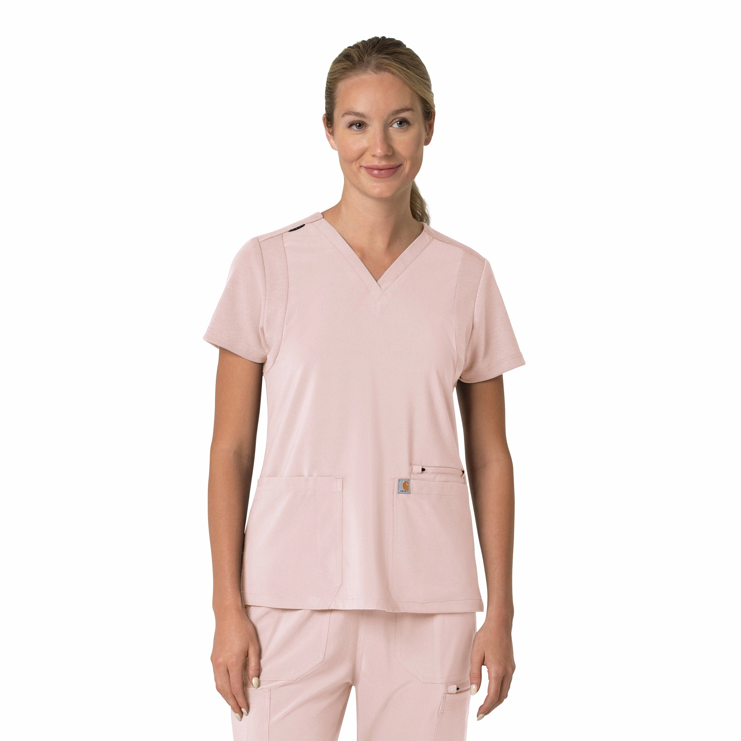 All Purpose Casual Cut Carhartt Force Cross-Flex Women's Flex Panel V-Neck Scrub Top - Soft Rose