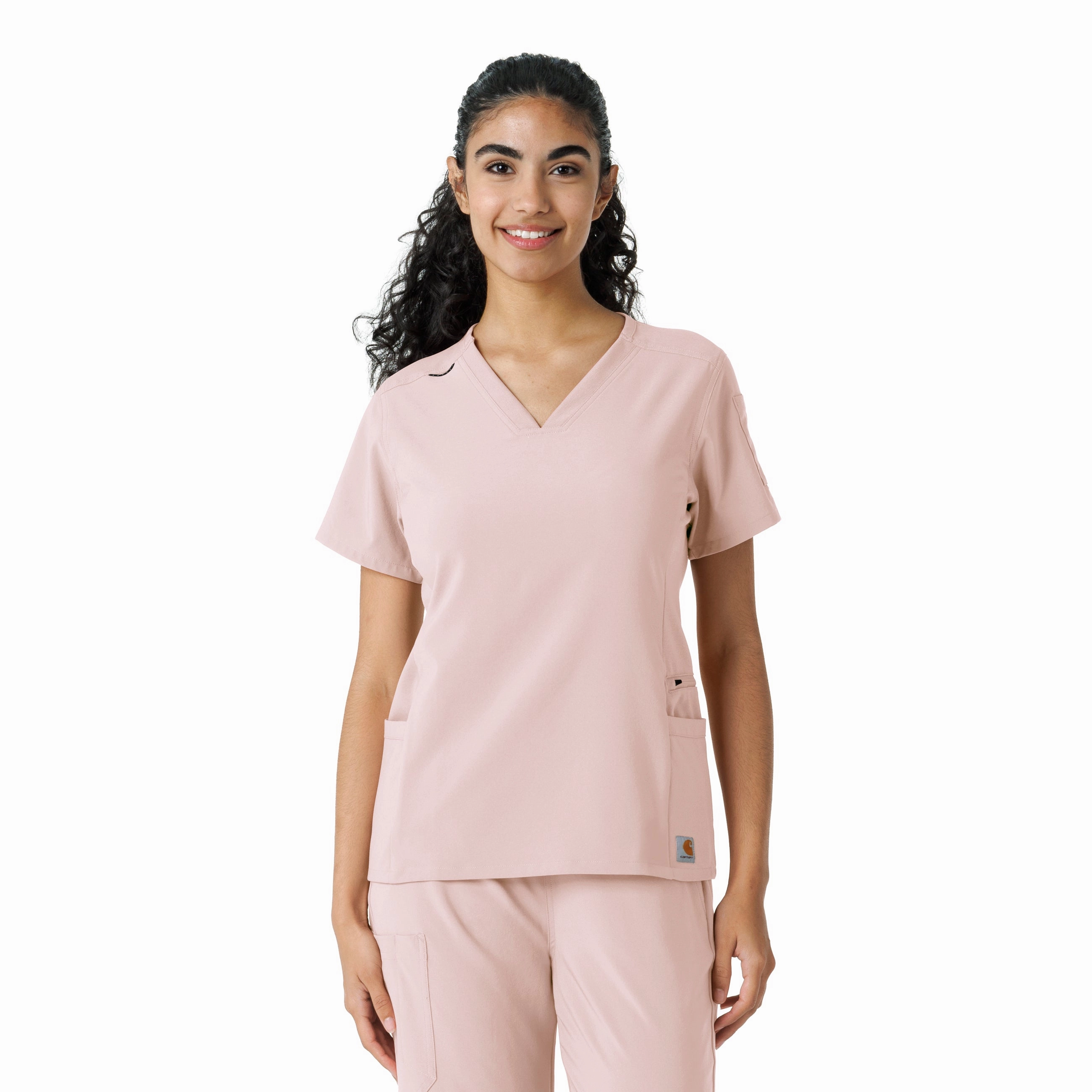 Curved Hem Design ReflectiveTrim Carhartt Force Cross-Flex Women's Knit Panel Scrub Top - Soft Rose