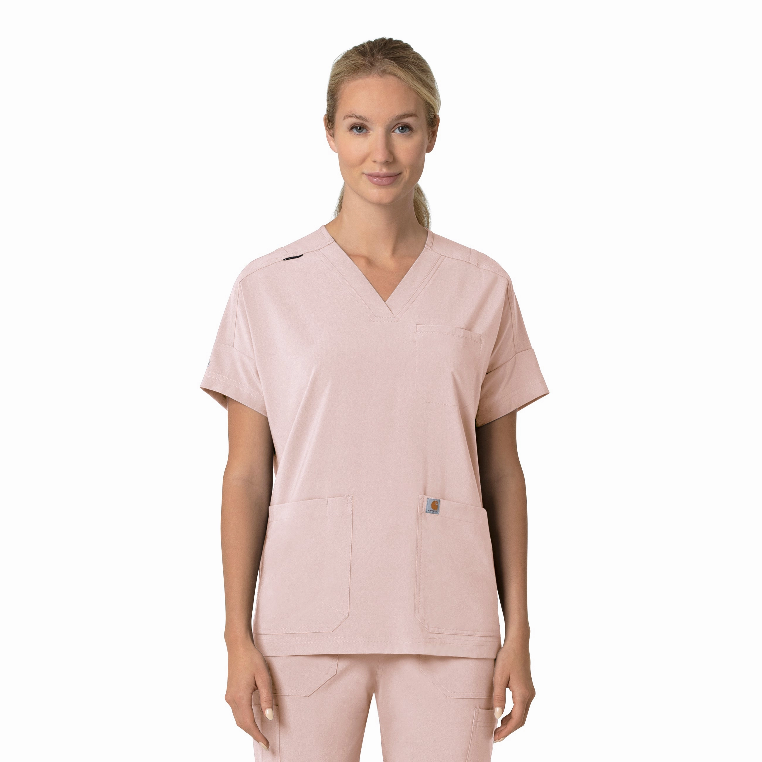 Taped Neckline Athletic Wear Carhartt Force Cross-Flex Women's Oversized V-Neck Scrub Top - Soft Rose