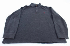 Polo Ralph Lauren Embroidered Logo Dark Grey Quarter Zip Sweater Modern Bold Tweed