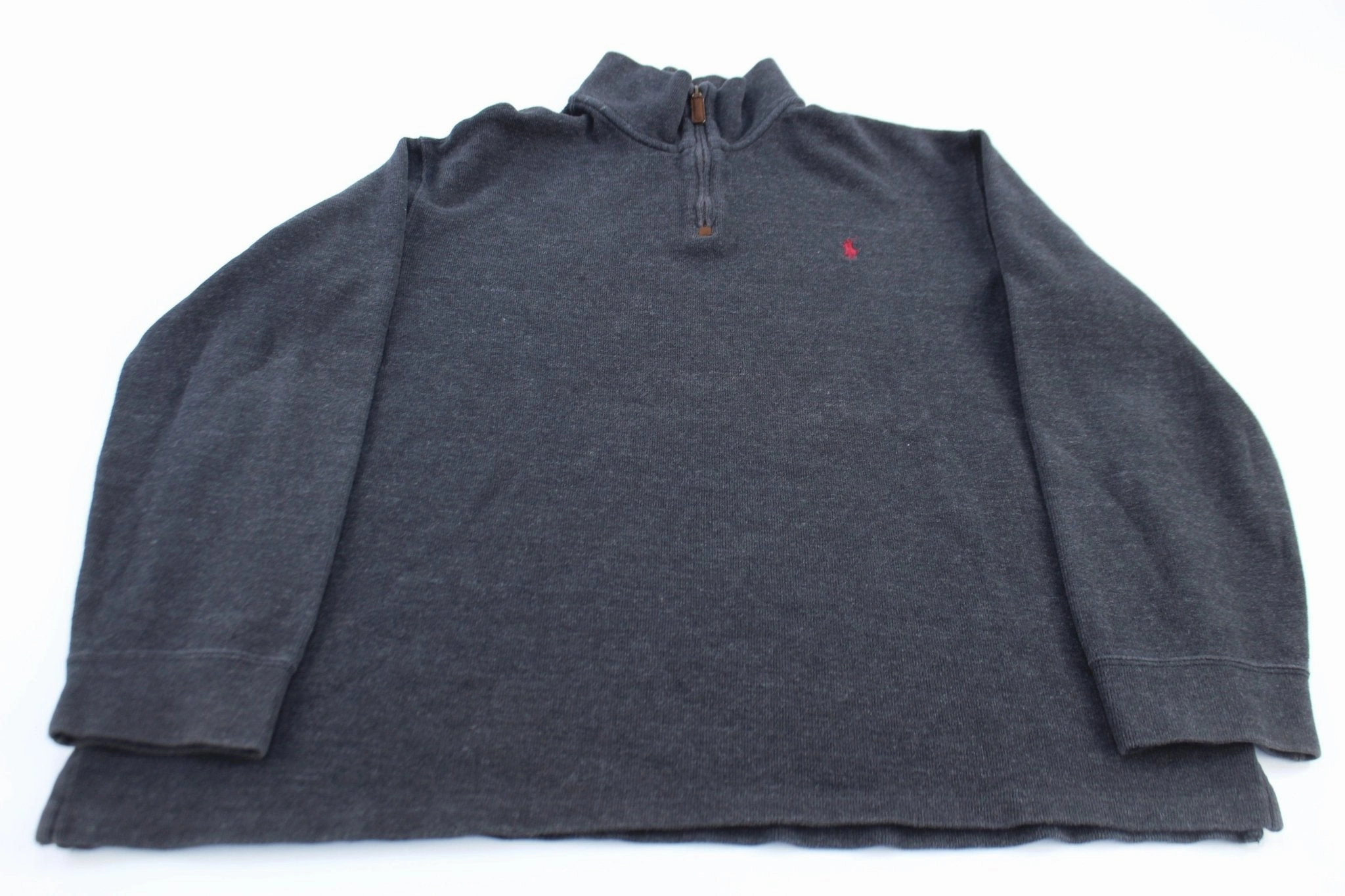 Polo Ralph Lauren Embroidered Logo Dark Grey Quarter Zip Sweater Modern Bold Tweed
