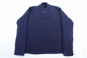 Polo Ralph Lauren Embroidered Logo Blue Cable Knit Sweater Fleece Lining