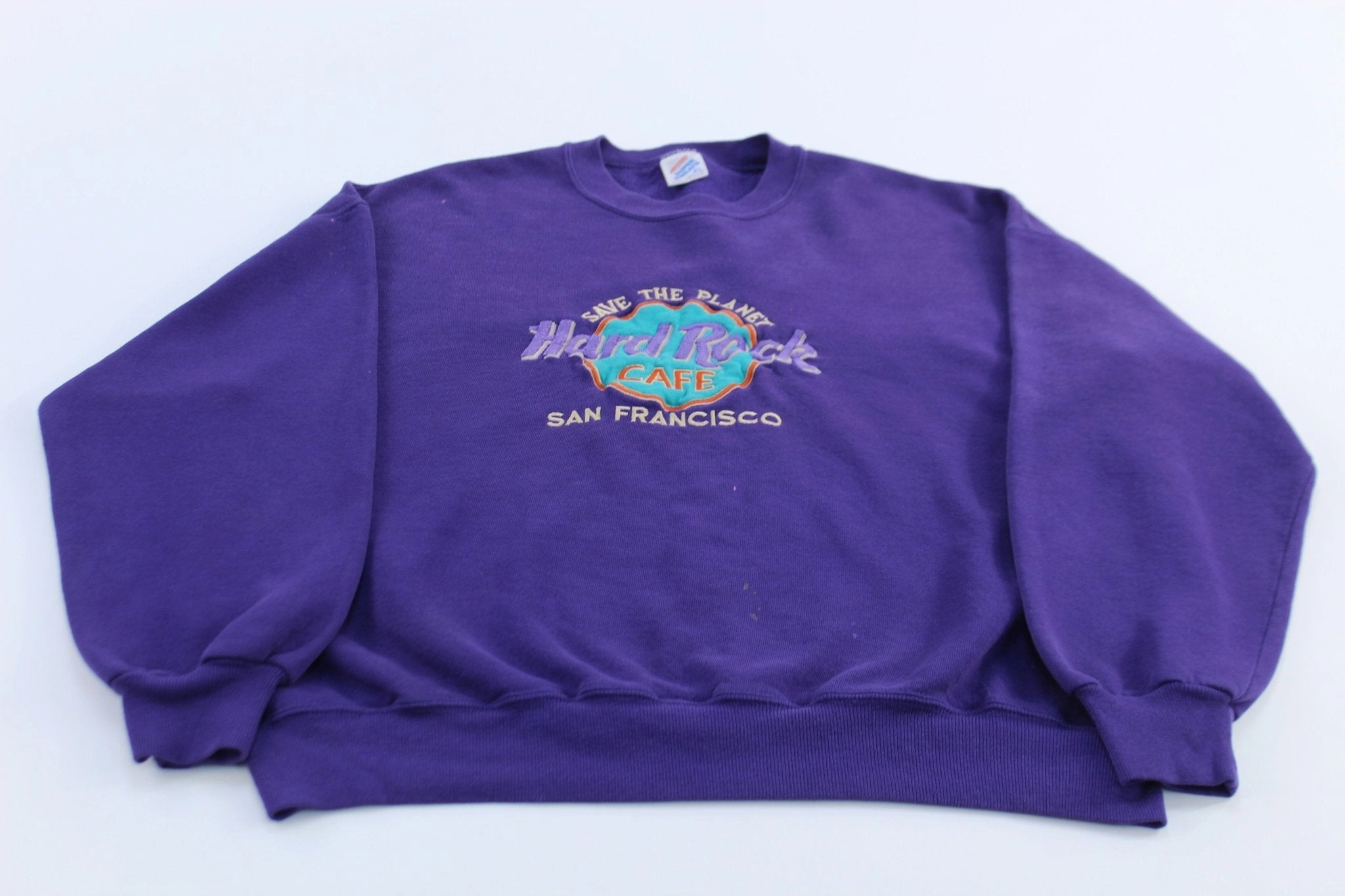 90's Hard Rock Cafe Embroidered Purple San Francisco Sweatshirt Durable Build rhinestone accents