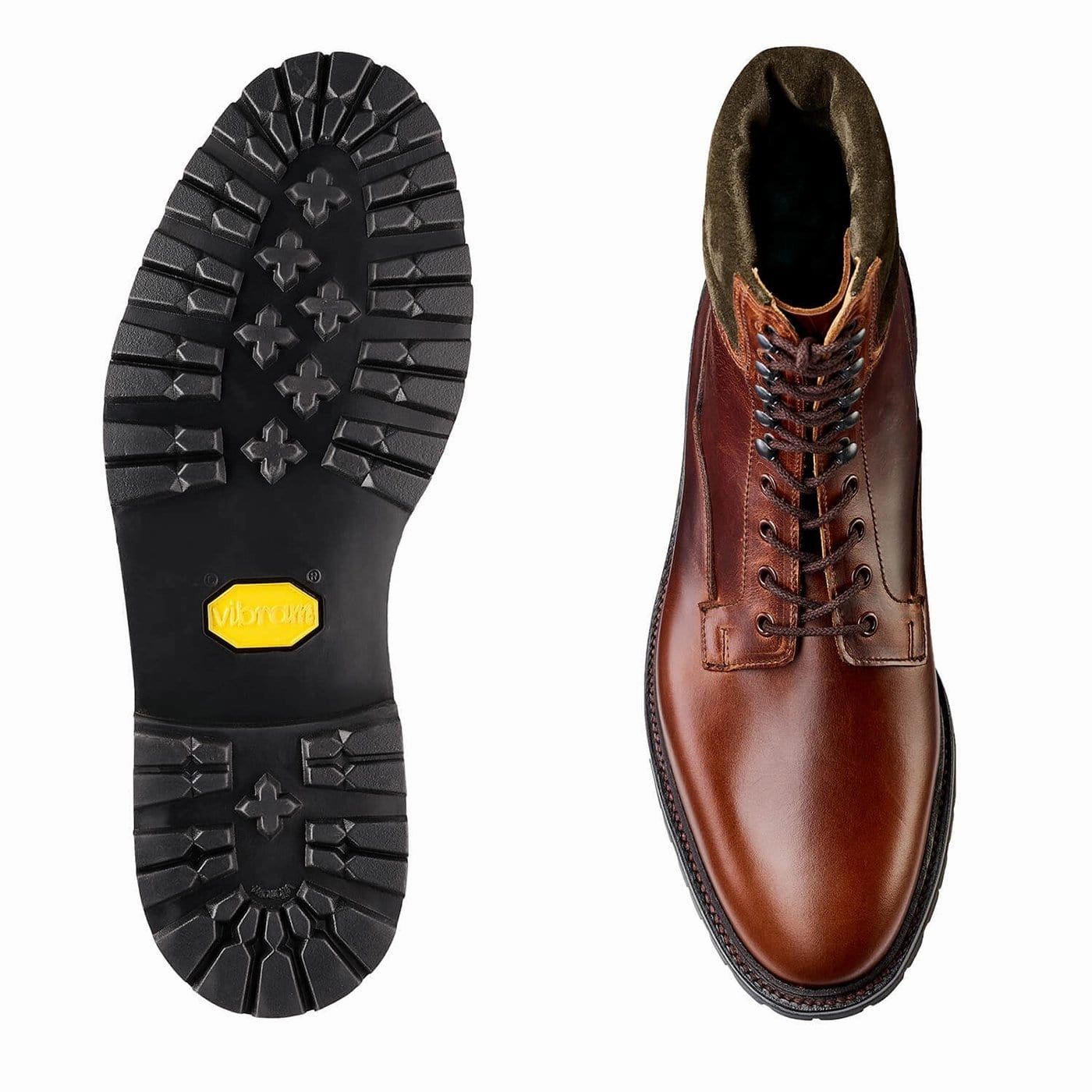 Enhanced Leg Support Ross Chocolate Hurricane Hide & Earth Green Suede Collar