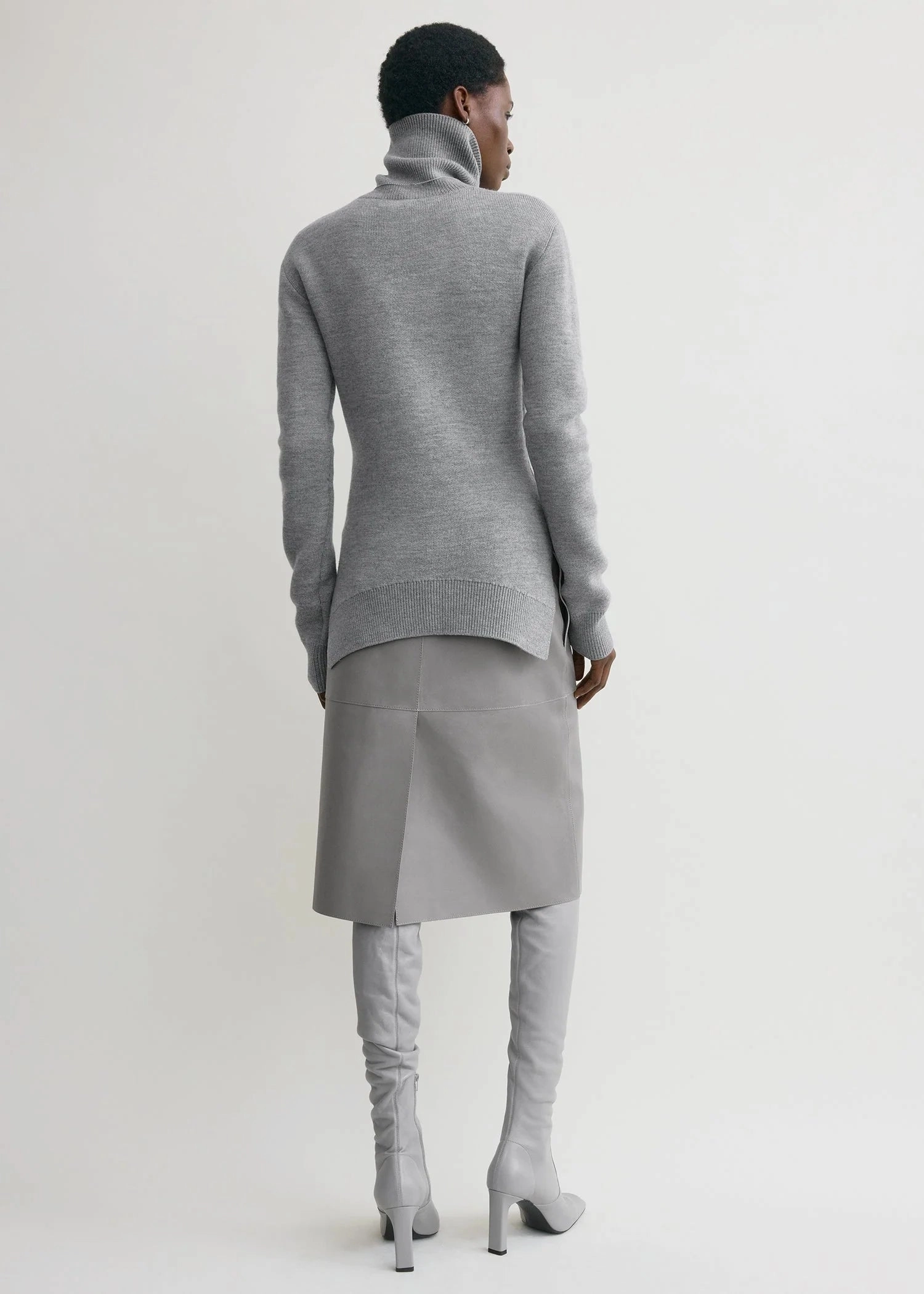 High-neck Double Knit Sweater in Pale Grey Melange Low Maintenance Knit