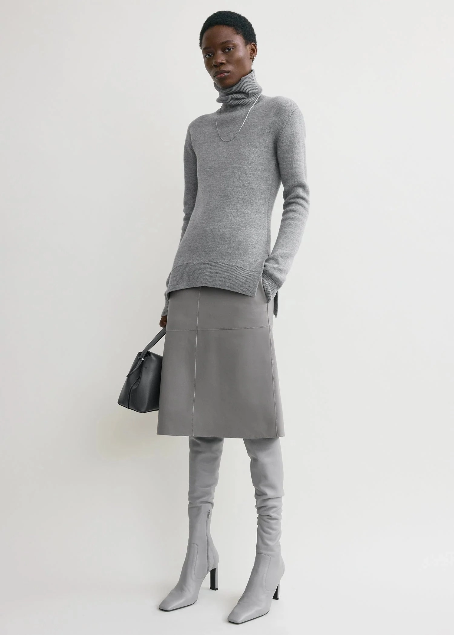 High-neck Double Knit Sweater in Pale Grey Melange Classic Warmth