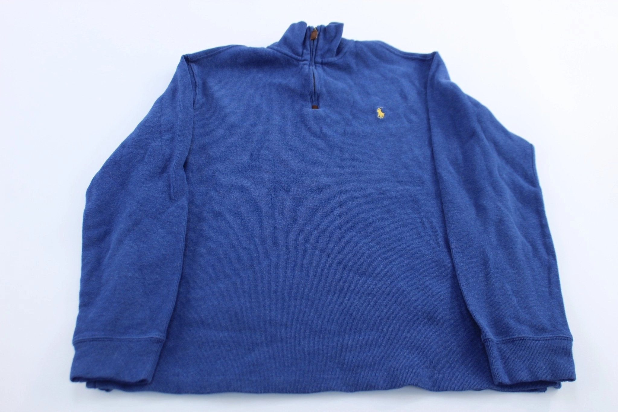 Polo Ralph Lauren Embroidered Logo Blue Quarter Zip Sweater Cozy Choice lanyard accents