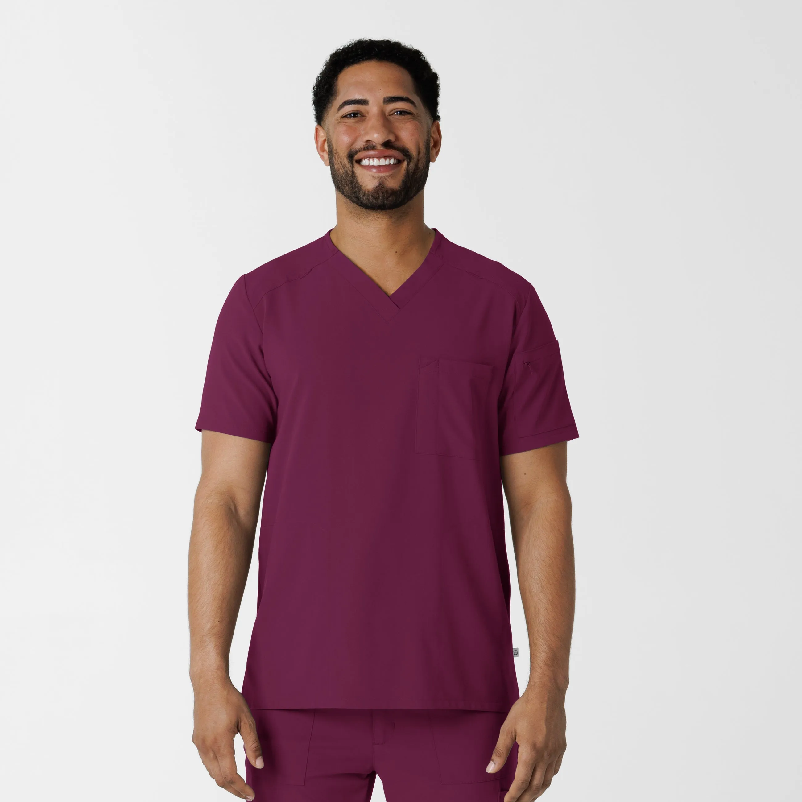 RENEW Men's V-Neck 5 Pocket Scrub Top - Wine Durable Chainstitch Anti Slip Shoulder Padding