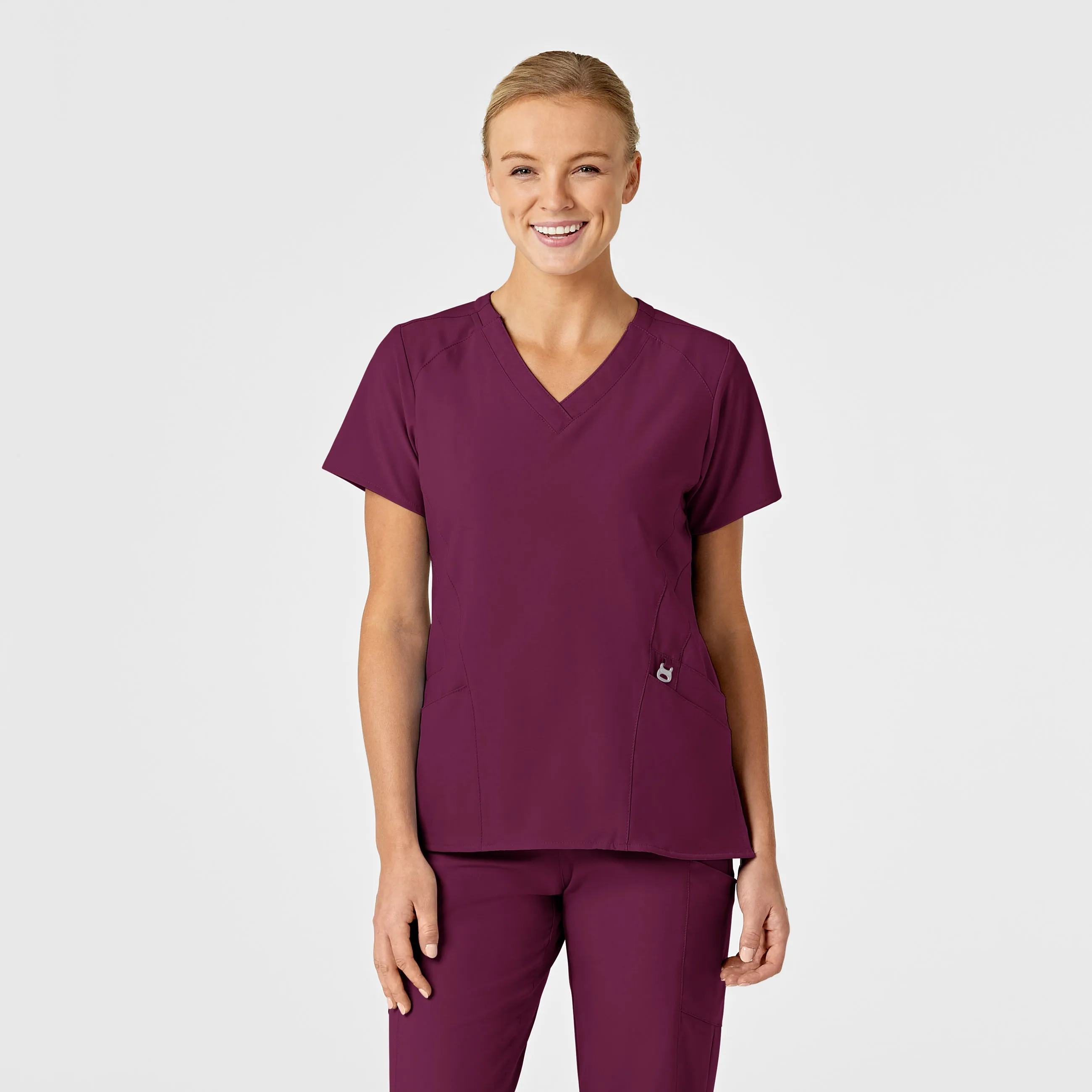 W123 Women's Stylized V-Neck Scrub Top - Wine Adjustable Cuff System