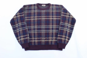 Vintage Windridge Blue & Burgundy Striped Knitted Sweater Go-To Layer Front Pocket