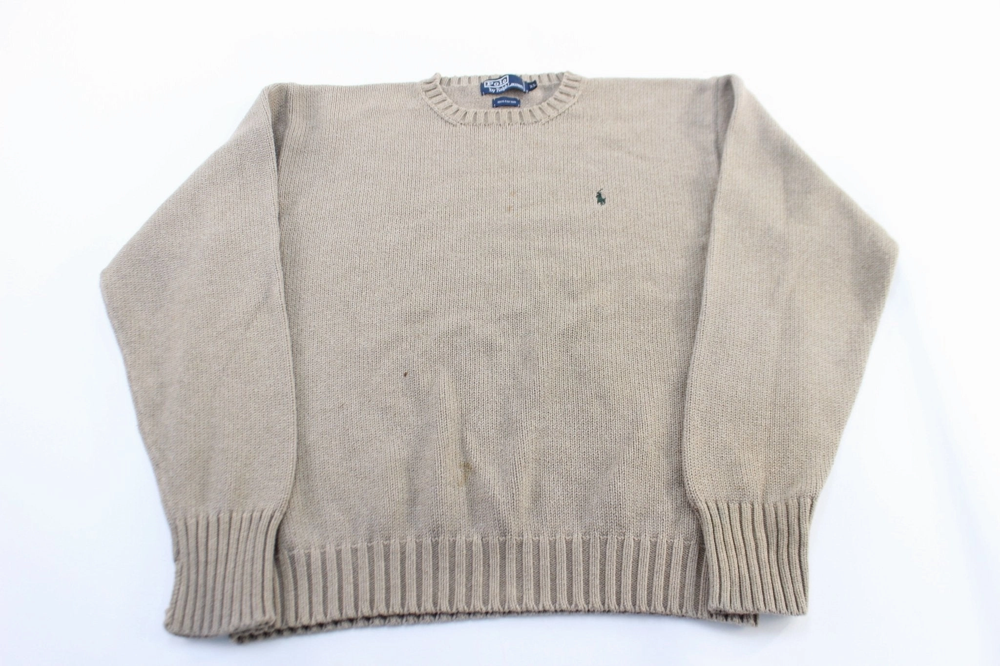 Polo by Ralph Lauren Embroidered Logo Beige Knit Sweater Houndstooth