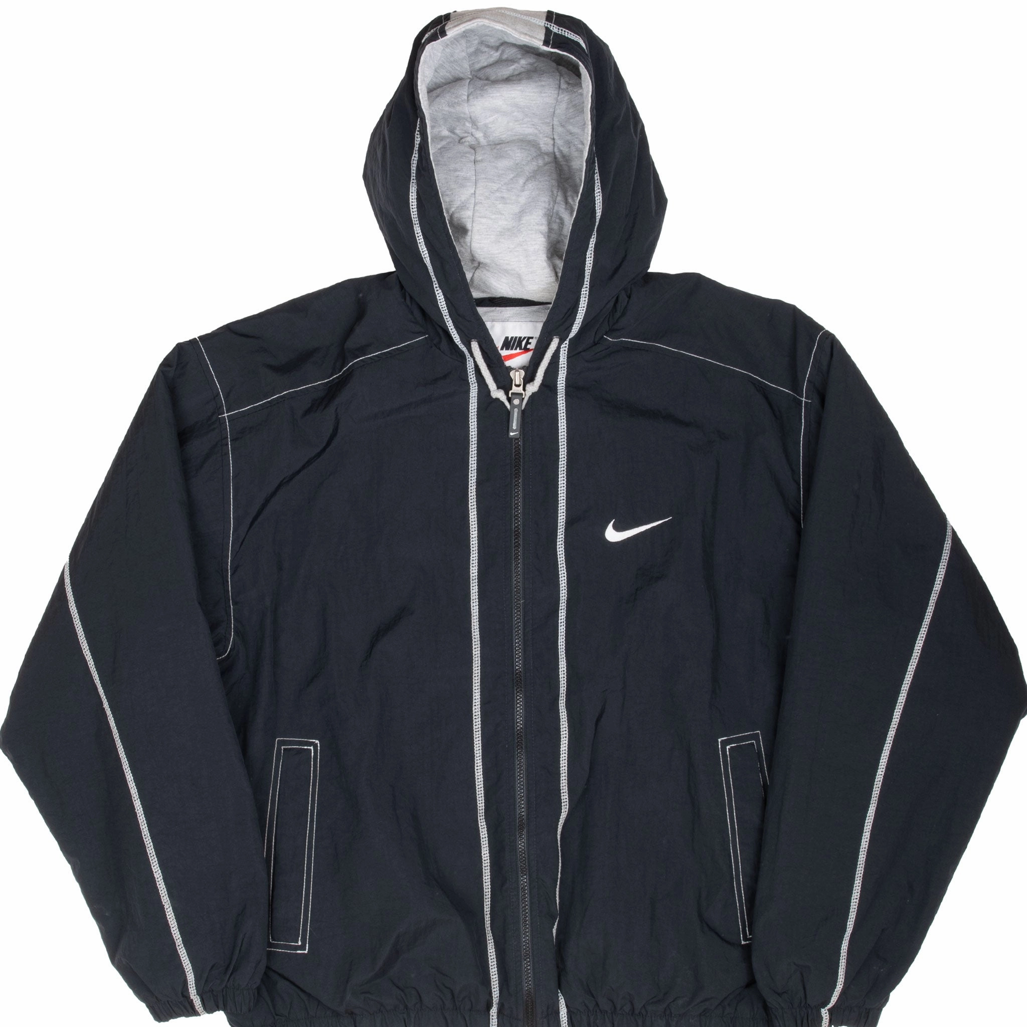 Everyday Comfort VINTAGE NIKE BIG SWOOSH BLACK HOODED WINDBREAKER JACKET 1990S LARGE