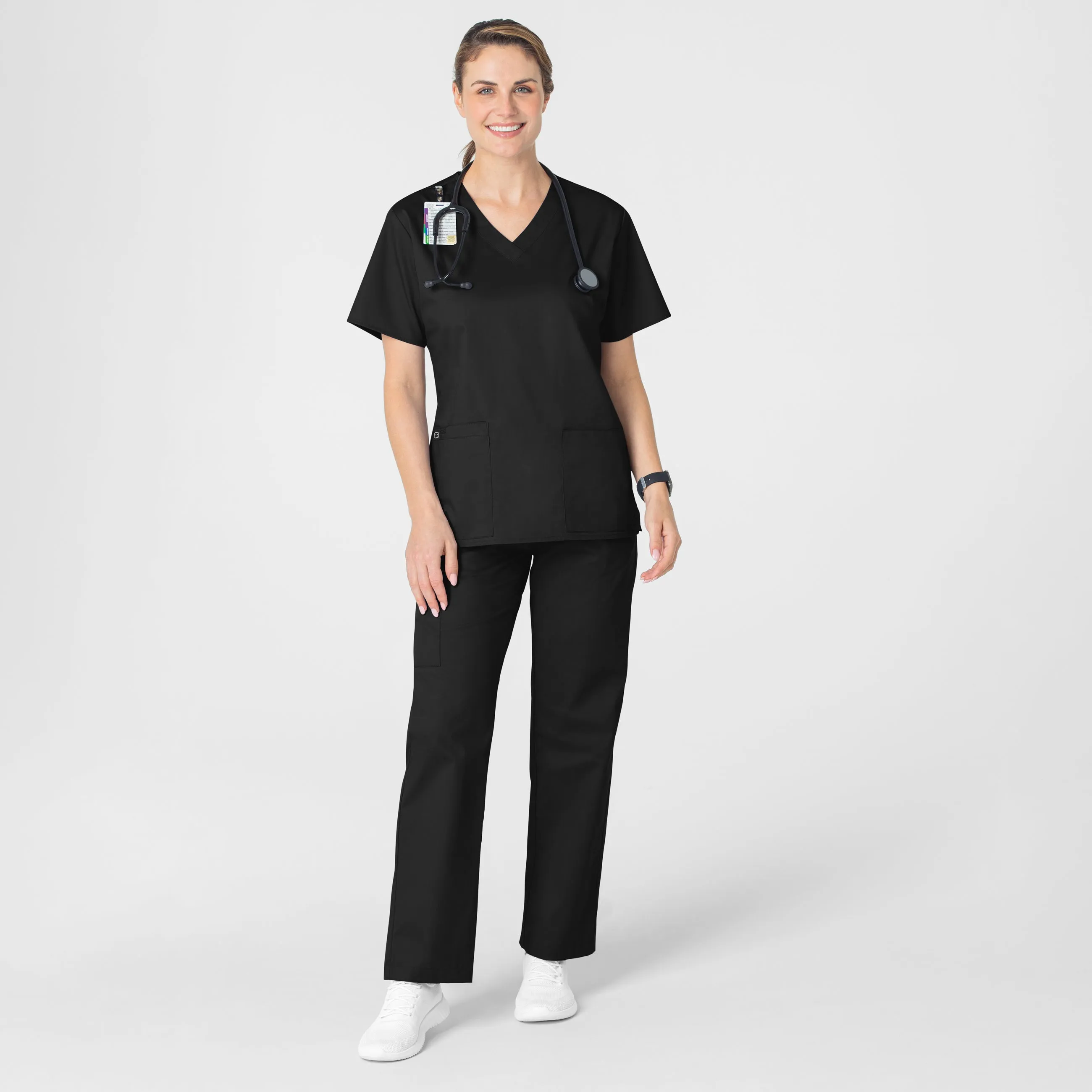 WonderWORK Women's V-Neck Scrub Top - Black GarmentDyed